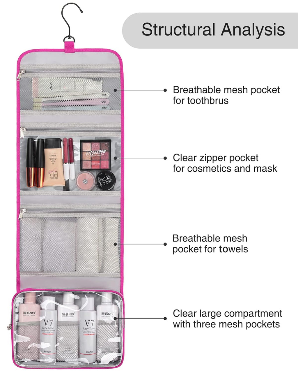 Relavel HangingTravel Toiletry Bag for Women, Large Capacity Toiletries Bag, Travel Essentials Organizer, Hanging Makeup Case for Accessories, Waterproof Bathroom Shower Bag (hot pink)