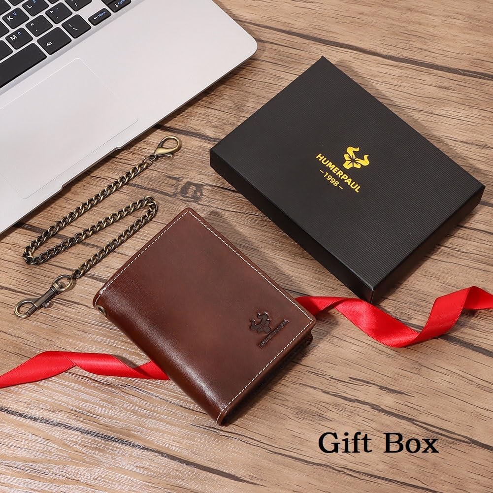 Holder for AirTag Men's Wallet Genuine Leather Purse RFID Blocking Bifold with Anti-Theft Chain,Brown with Gift Box (Brown)