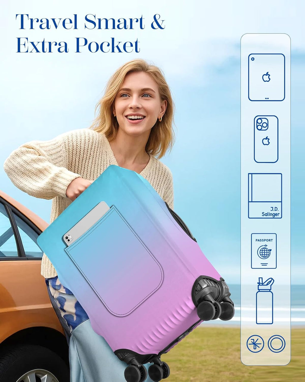 Slohif Luggage Cover for Suitcase Tsa Approved Protector - Luggage Sleeve Large Suit Case Cover Travel Stretch Baggage Case Protective Washable Fit 22-24 Inch Blue Rose Gradient S