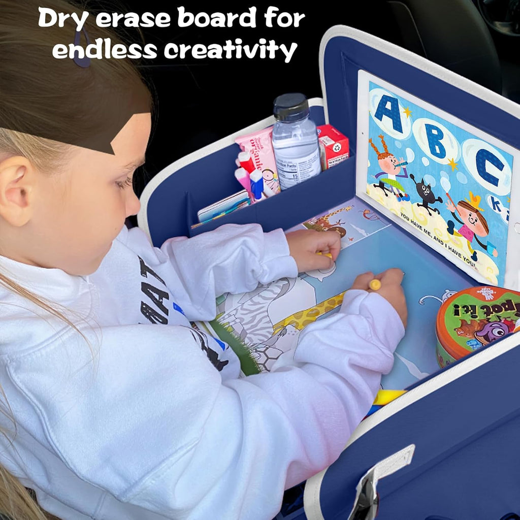 MENZOKE Kids Travel Tray, Car Seat Tray with Educational Drawing Board, Tablet Holder & Cooler Cup Holder,Essential for Car Travel & Holiday Gifts, Dinosaur Print Pattern, Dark Blue