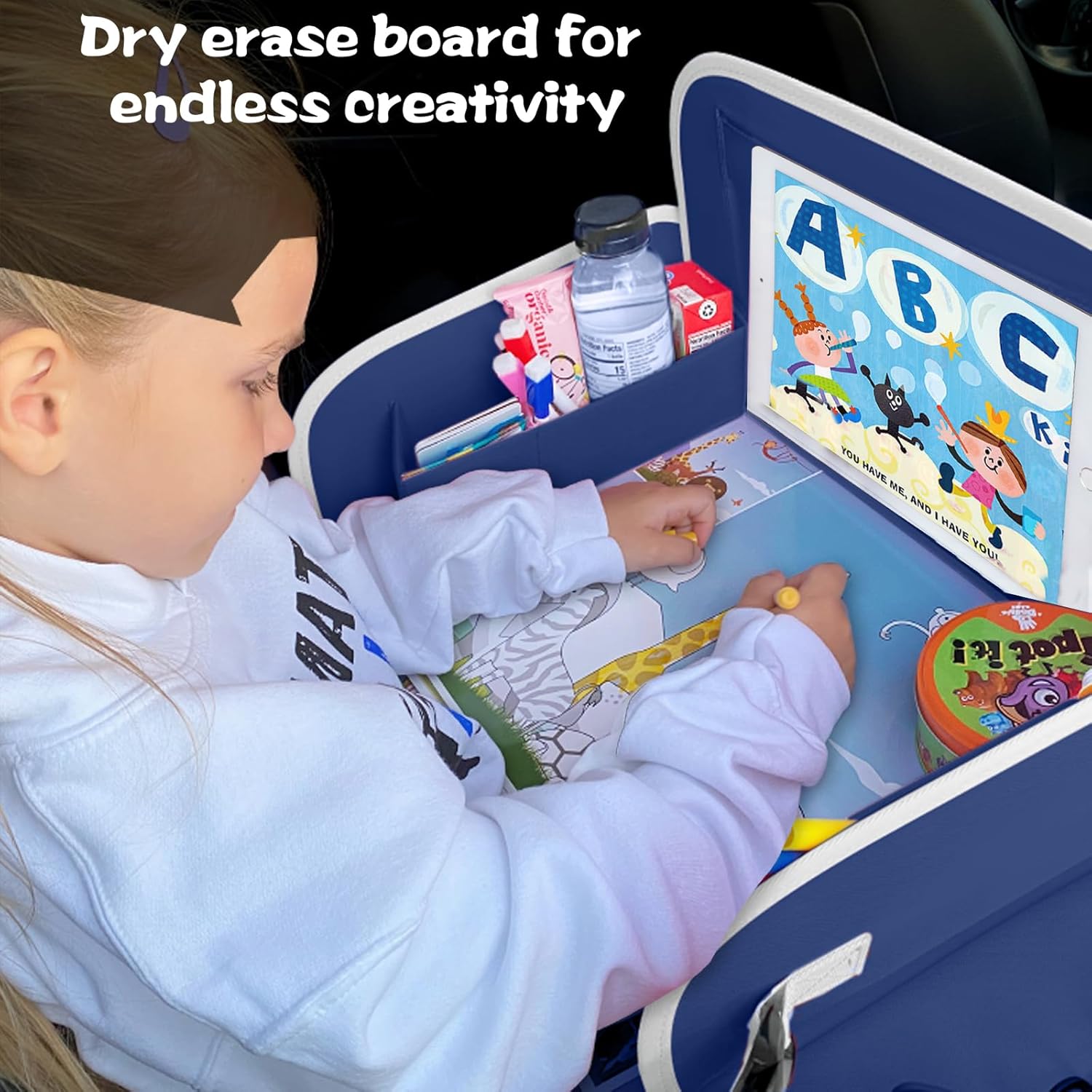MENZOKE Car Seat Tray for Kids with Educational Drawing Board, Tablet Holder & Cooler Cup Holder, Essential for Car Travel & Airplane Trips, Space Pattern Design, Dark Blue