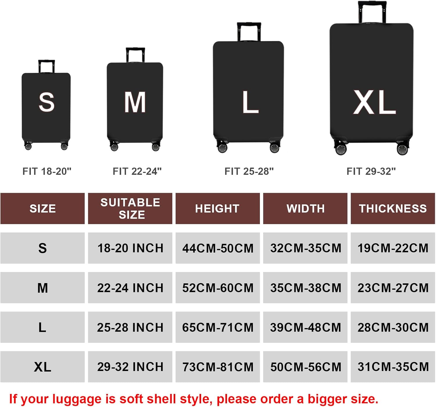 WUJIAONIAO Travel Luggage Cover Baggage Suitcase Cover Protector Skins 18-32 Inch (Pure Black, L (for 25-28 inch luggage))