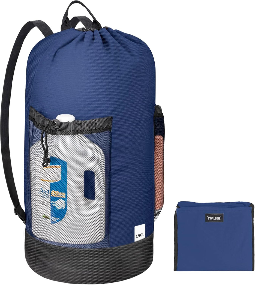 BALEINE 150L Laundry Bag Backpack, 900D Oxford Fabric Large Travel Laundry Bags with Shoulder Straps and 2 Mesh Pockets for College Dorm, Apartment, Laundromat (Navy, 150L)