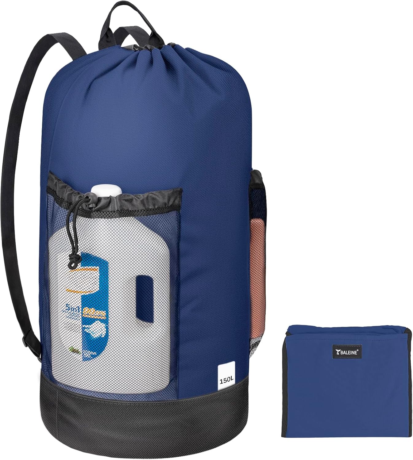 BALEINE 150L Laundry Bag Backpack, 900D Oxford Fabric Large Travel Laundry Bags with Shoulder Straps and 2 Mesh Pockets for College Dorm, Apartment, Laundromat (Navy, 150L)