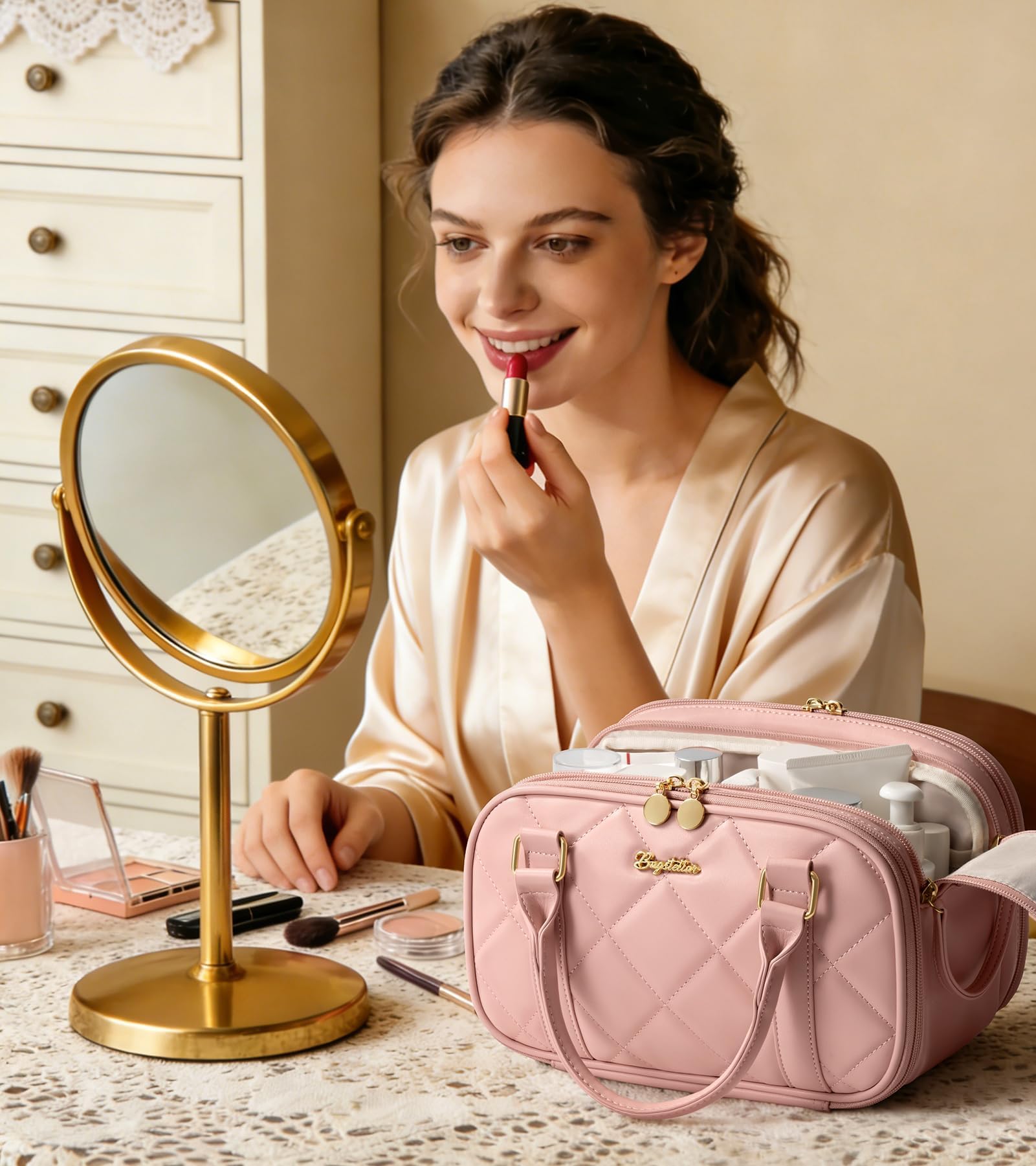 Bagstellar Travel Makeup Bag, Large Capacity Quilted Toiletry Bag for Women Stand-up Cosmetic Bag Open Flat Make Up Case Organizer Portable Pouch Purse w/Handle for Traveling Accessories Beige Floral