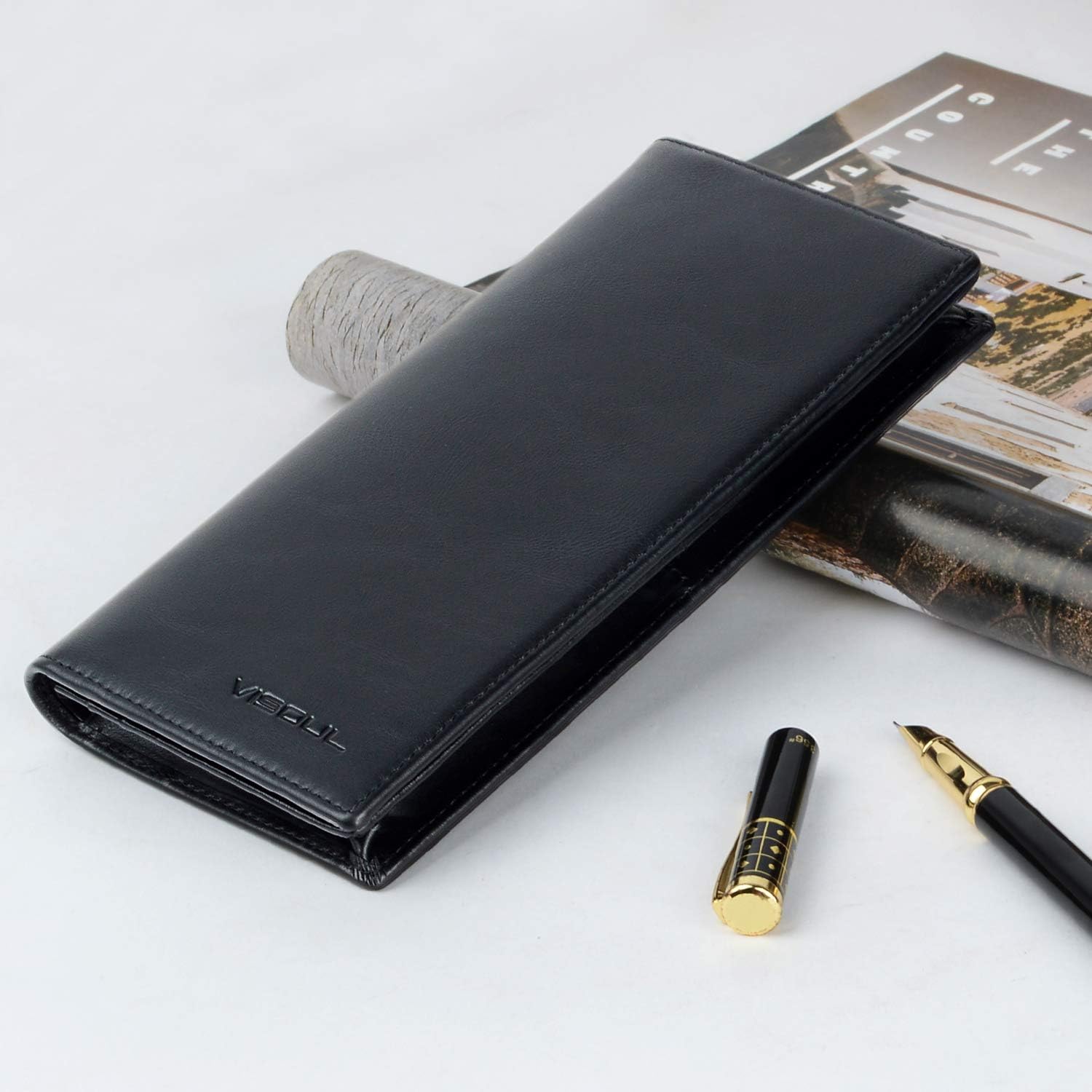 VISOUL Mens Leather Long Checkbook Bifold Wallets with RFID Blocking, Breast Pocket Tall Billfold Secretary Wallet for Men with Card Slots (Black)