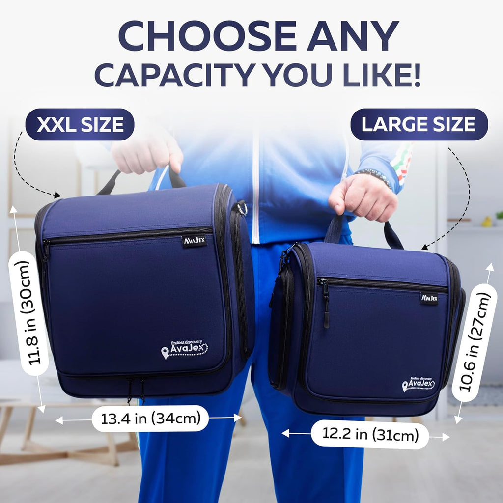 Extra Large Hanging Travel Toiletry Bag for Men and Women - Cosmetic Travel Bag With Shoulder Strap - Waterproof Hygiene Bag with Metal Xxl Swivel Hook and 19 Compartments for Toiletries