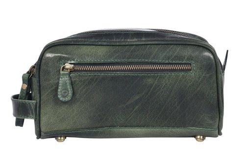 10" Premium Leather Toiletry Travel Pouch With Waterproof Lining | King-Size Handcrafted Vintage Dopp kit By Aaron Leather Goods (Seaweed Green)