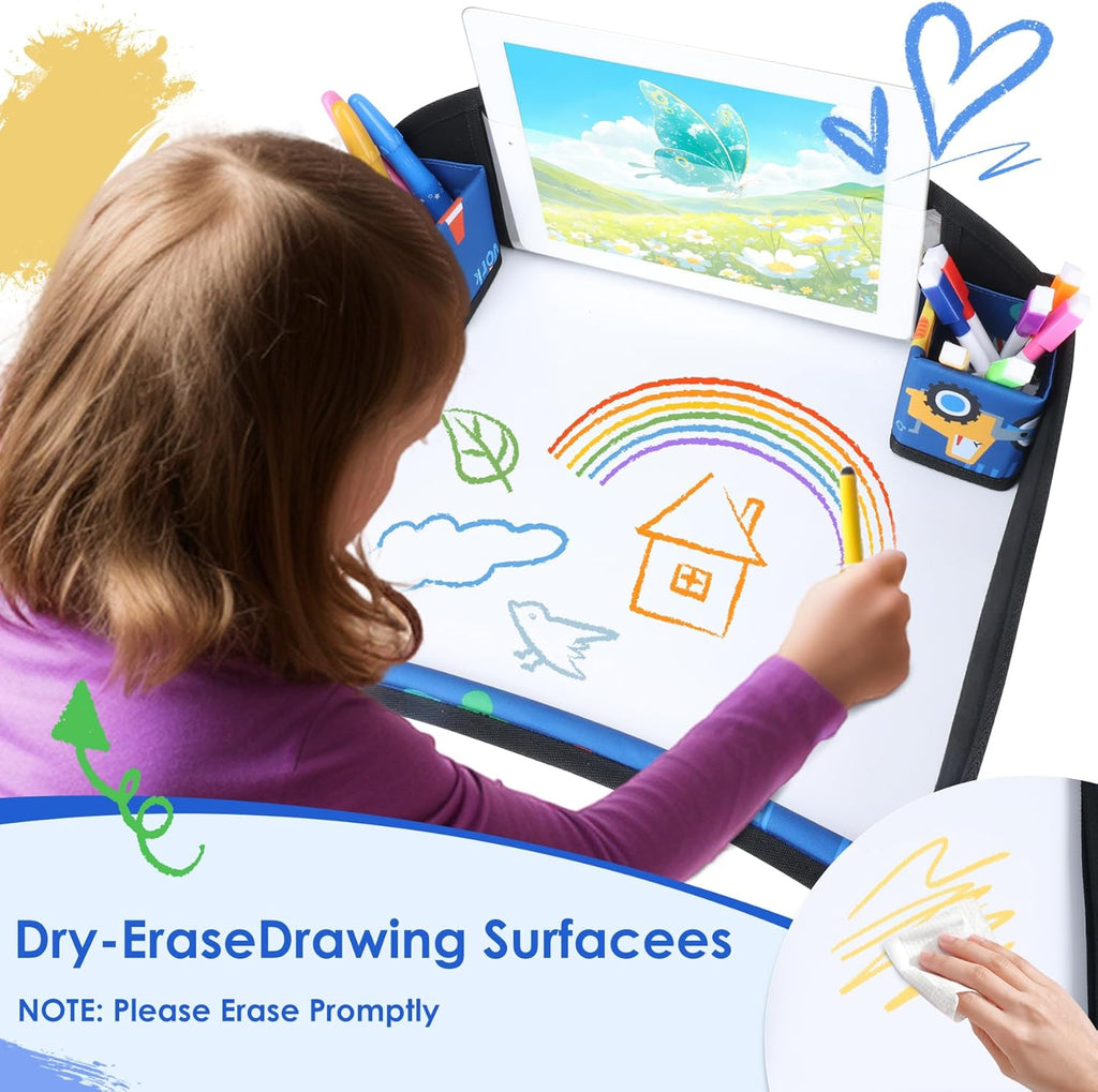 Kids Travel Tray for Car-Car Seat Tray for Kids Travel, Carseat Table Top for Toddler Road Trip Essentials With Drawing Kit, Kids Lap Desk Organizer for Car, Airplane (Dark Blue Car)