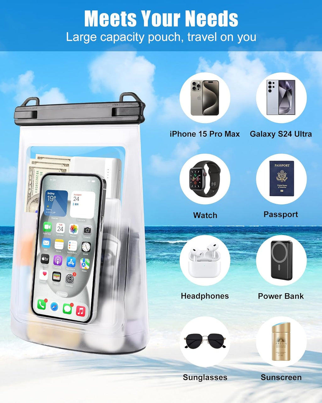 1.2L Waterproof Phone Pouch for iPhone 16 15 14 11 Pro Max & Galaxy S24 S21 - Floating Large Capacity Dry Bag Stores Sunscreen, Sunglasses - Oversized Waterproof Bag for Beach, Swimming, Kayaking
