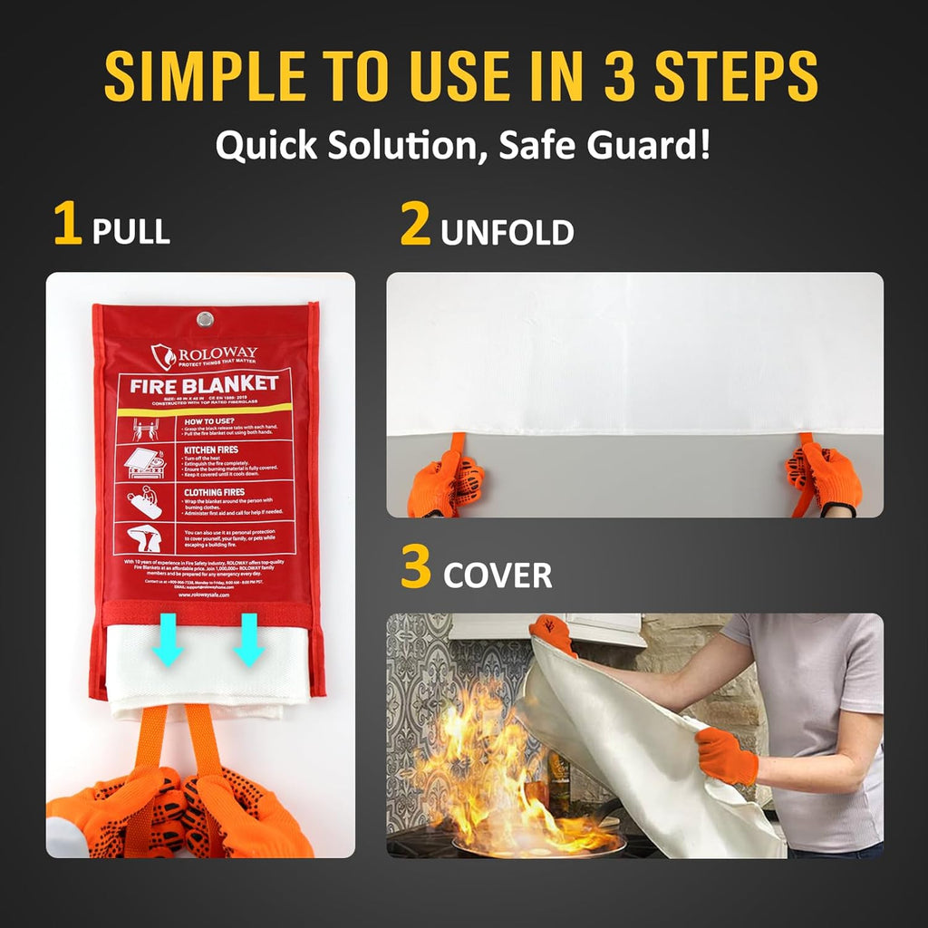 ROLOWAY Emergency Fire Blanket for Home and Kitchen, Fire Blankets Emergency for Home Safety (40 x 40 Inch) with Hooks, Gloves, Fire Suppression Blanket with Emergency Whistle for Fire Safety (2 Pack)