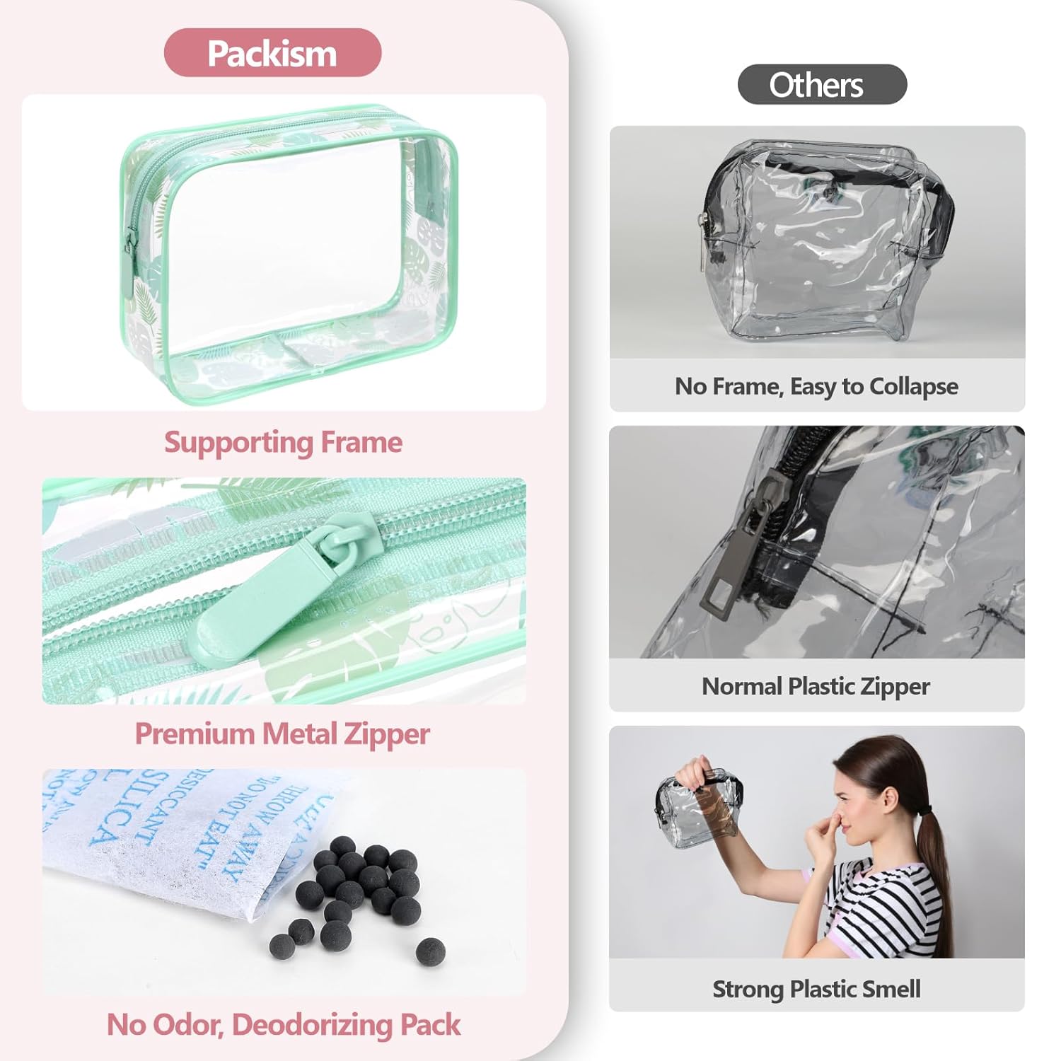 PACKISM TSA Approved Toiletry Bag - Light Green Turtle Leaves Print Clear Toiletry Bags, Suitable for Gifts, with Supporting Frame, Perfect for Travel Essentials, Thick No Smell