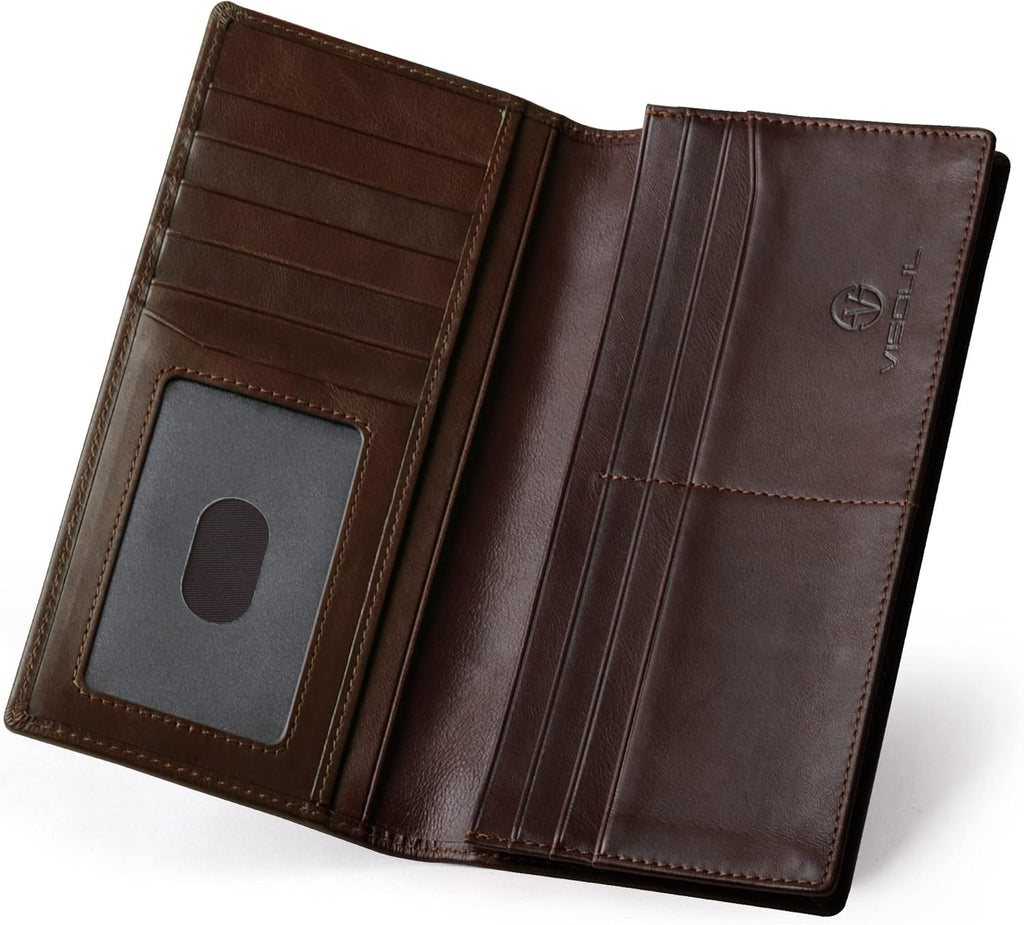 VISOUL Mens Leather Long Checkbook Bifold Wallets with RFID Blocking, Breast Pocket Tall Billfold Secretary Wallet for Men with Card Slots (Coffee)