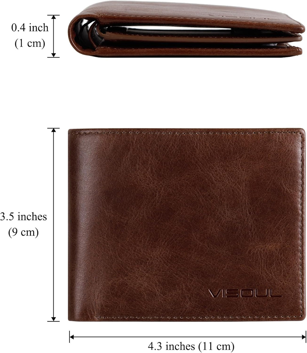 VISOUL Leather Wallets Bifold for Men with 2 ID Windwows, Men's Designer Card Holder Wallets with RFID Blocking (Brown)