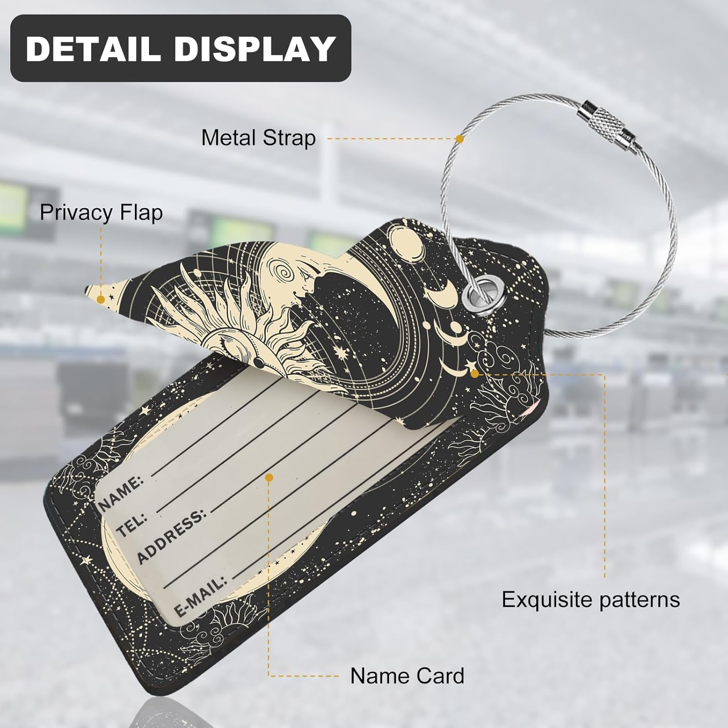 2Pack Luggage Tags for Suitcases, Cute Unique Pu Leather Cruise Luggage Tag with Privacy Cover ID Label Address Card and Metal Ring  Sun and Moon Face