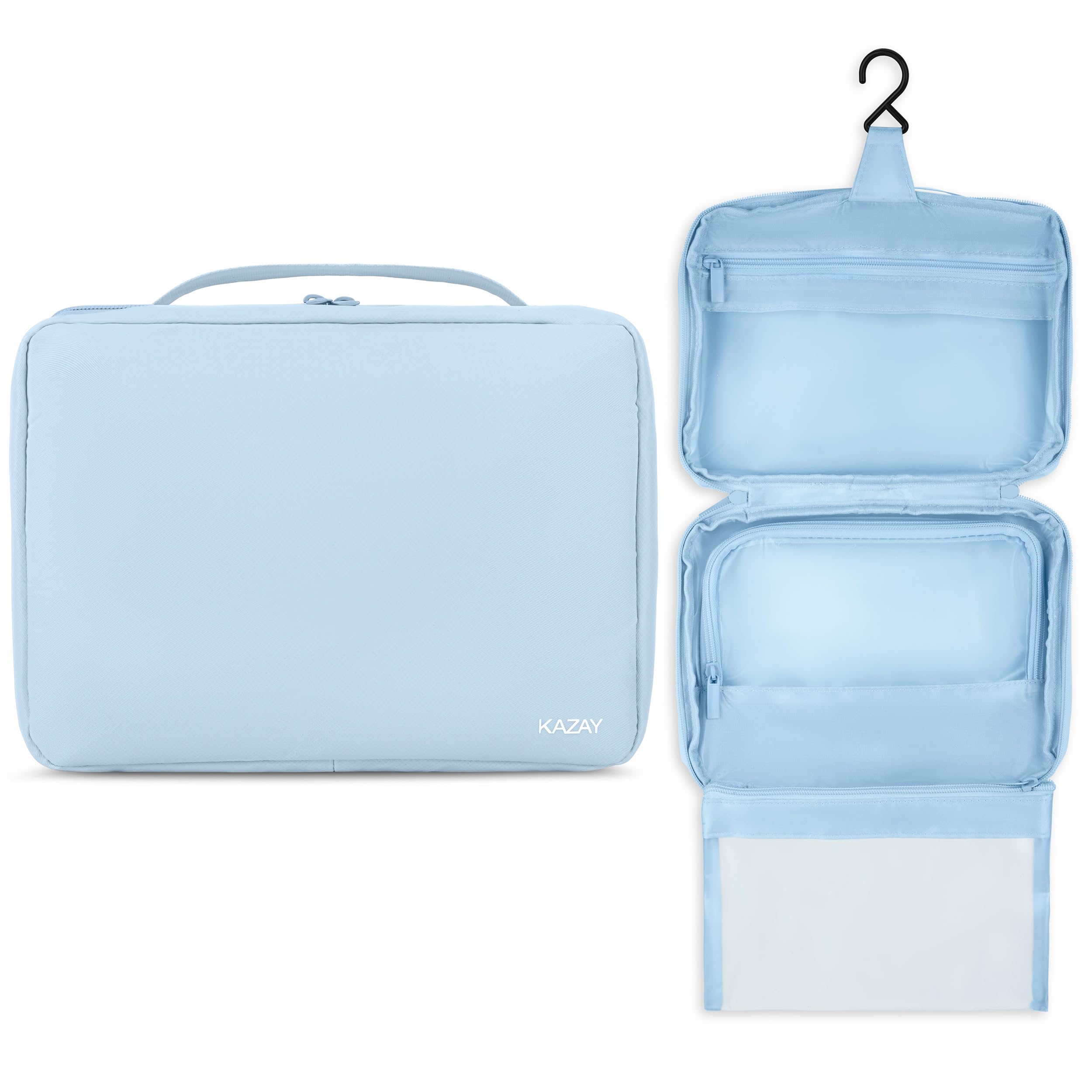 KAZAY Hanging Toiletry Bag with TSA Approved Detachable Pouch, Travel Toiletry Bag, Water Resistant, Premium Nylon, Travel Size Toiletries, Cosmetic Bag, Unisex (Light Blue)