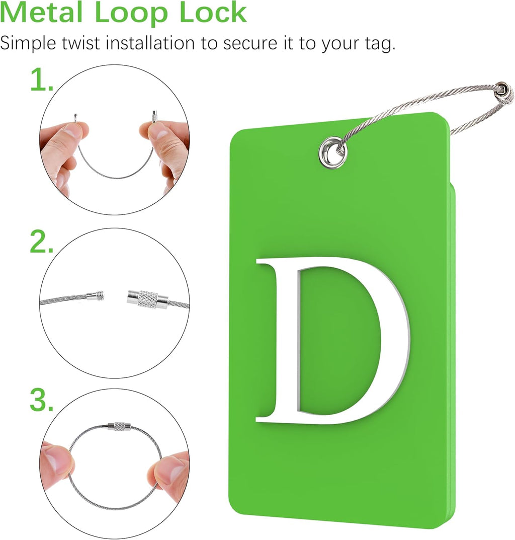 Gostwo 2 Pack Luggage Tags for Suitcases, 26 Initial Letter Travel Luggage Baggage Identification Labels ID Tag Fully Bendable Tags with Stainless Steel Loop (Green) (Letter D)