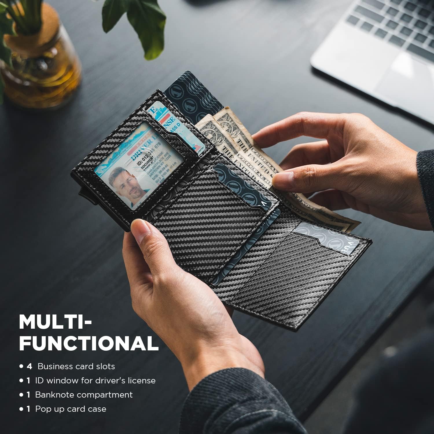 VULKIT Pop up Card Wallet Minimalist Cash Wallets RFID Blocking Leather Smart Credit Card Holder with ID window for Men(Carbon Black)