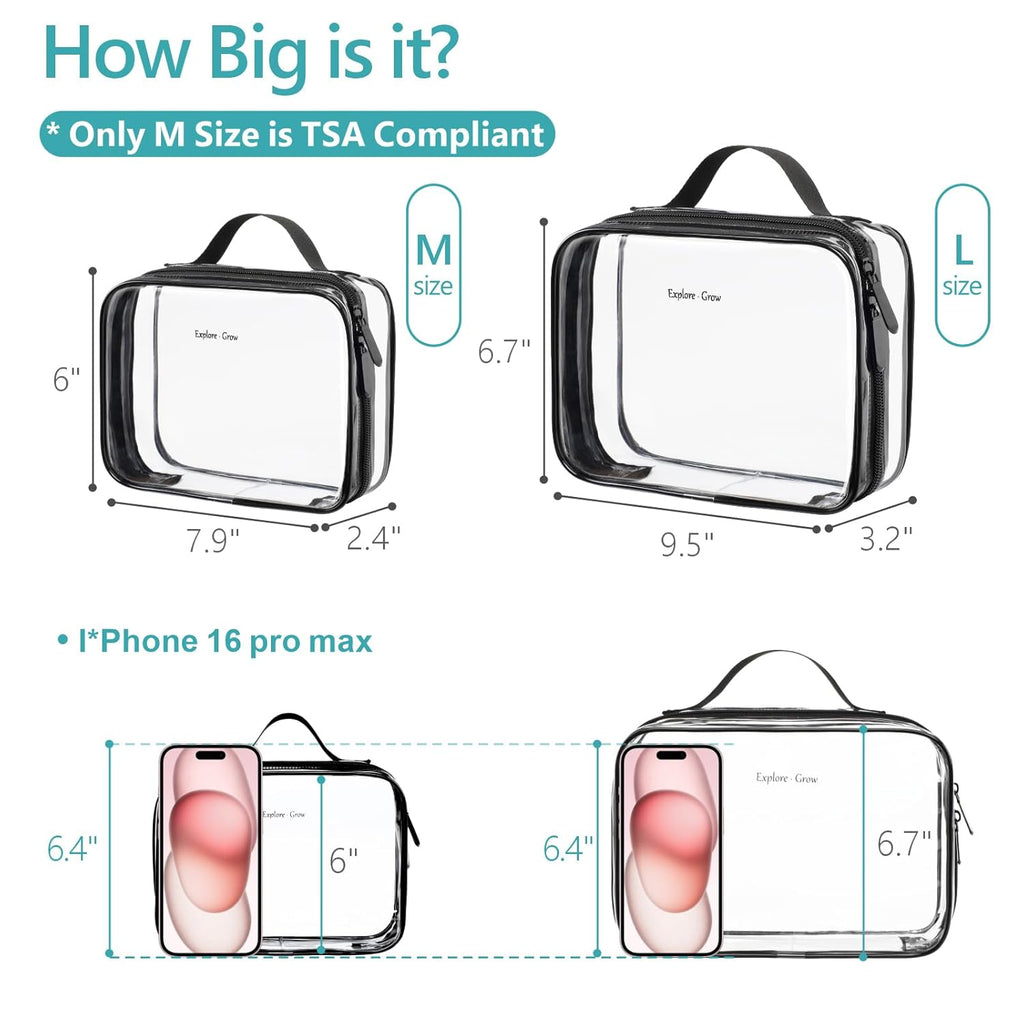 PACKISM Clear Makeup Bag - 2 Pack TSA Approved Toiletry Bag with Handle and 180° Large Opening, Clear Toiletry Bag Fit Carry-on Travel Essential, Travel Bags for Toiletries, Black