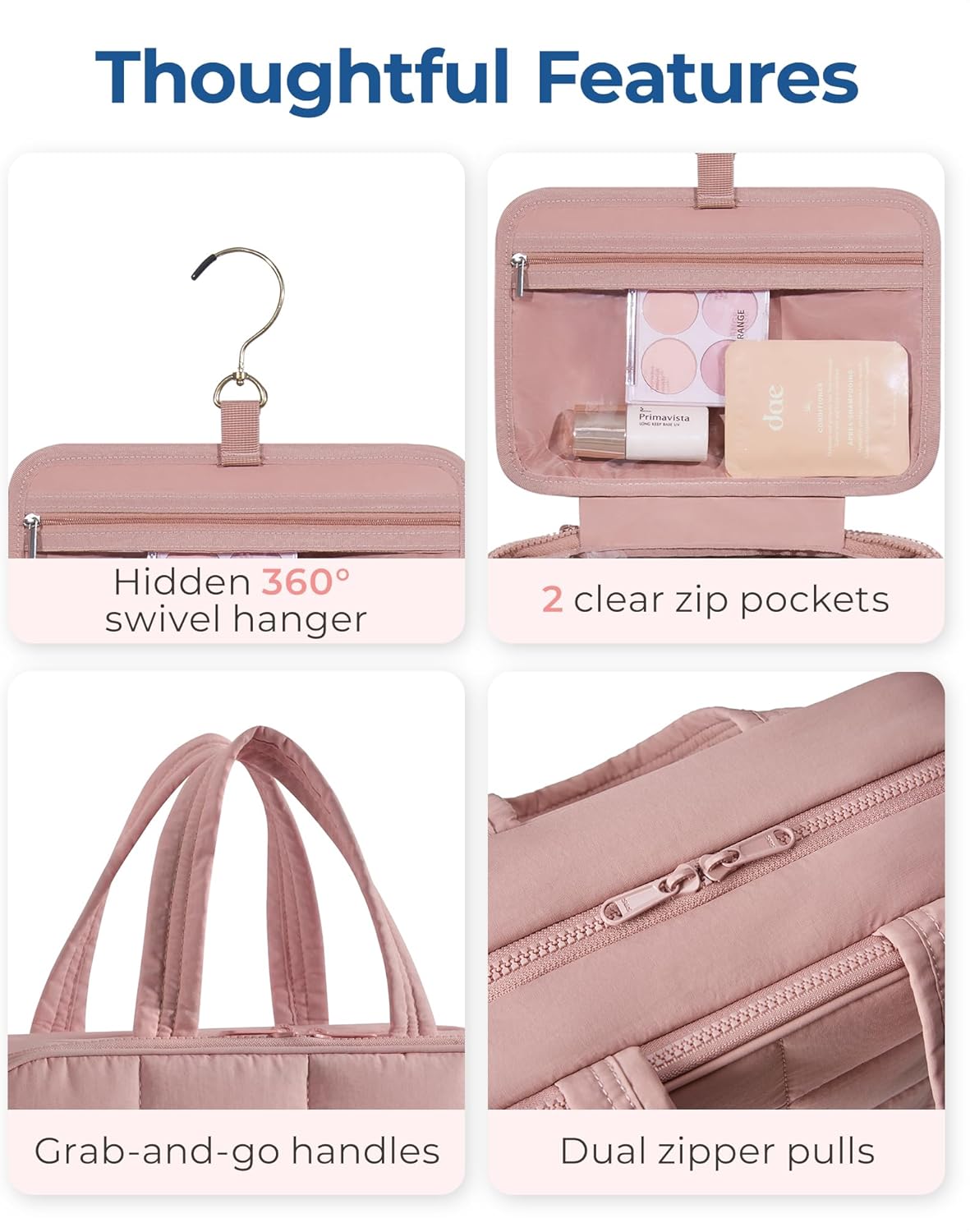 BAGSMART Travel Toiletry Bag with Jewelry Organizer, Hanging Travel Bag for Toiletries, Puffy Makeup Cosmetic Bag Organizer, Carry-on Travel Accessories Essentials, Dark Pink-M