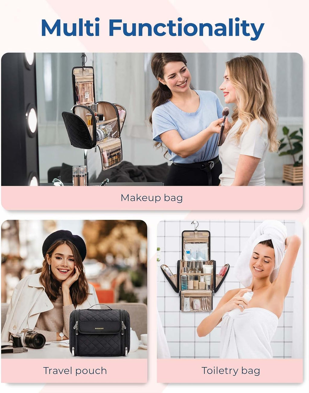 BAGSMART Makeup Bag for Women with Hanging Hook, Large Portable Capacity Water-resistant Organizer Travel Case for Toiletries and Cosmetics, Brown