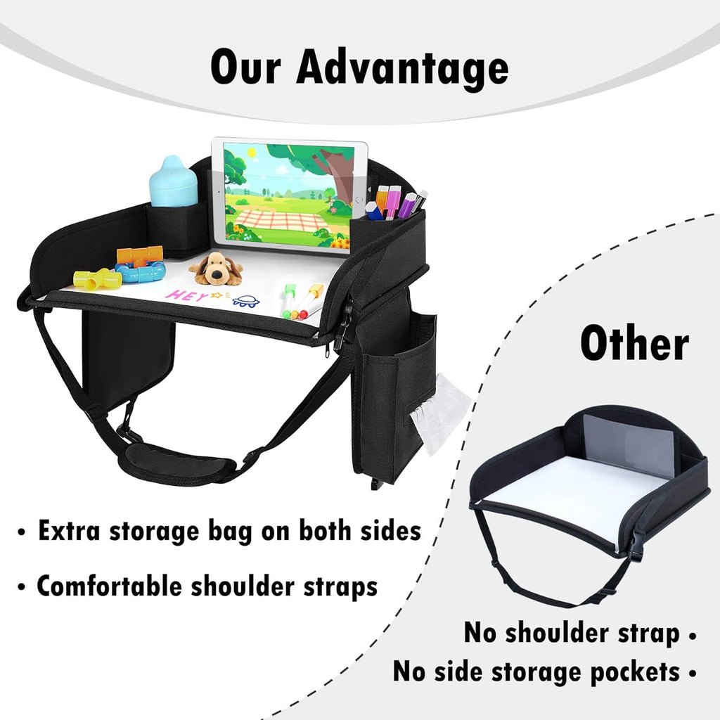 Kids Travel Tray for Car Seat, Toddler Road Trip Essentials With Drawing Kit, Travel Activities Must Haves (Black)