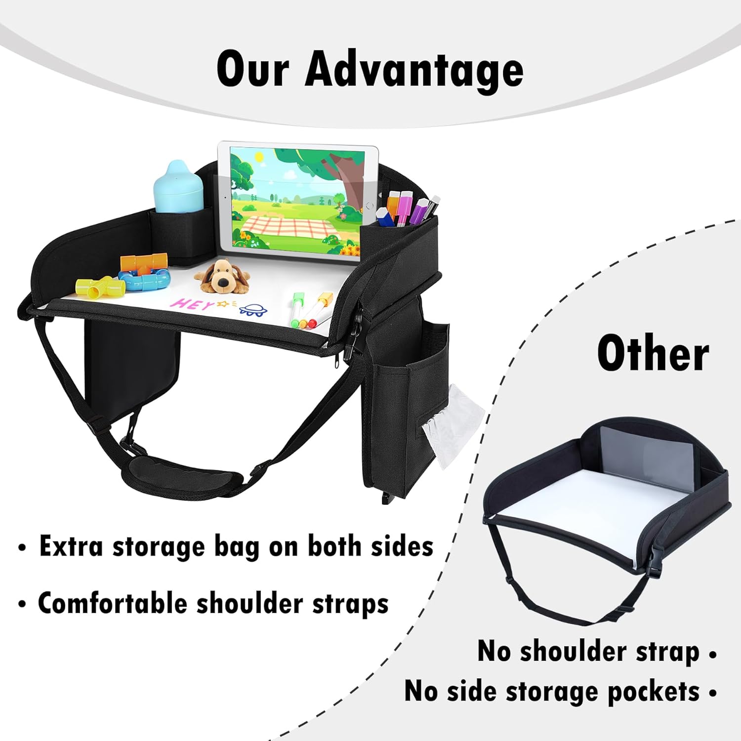 Kids Travel Tray for Car Seat, Toddler Road Trip Essentials With Drawing Kit, Travel Activities Must Haves (Black)