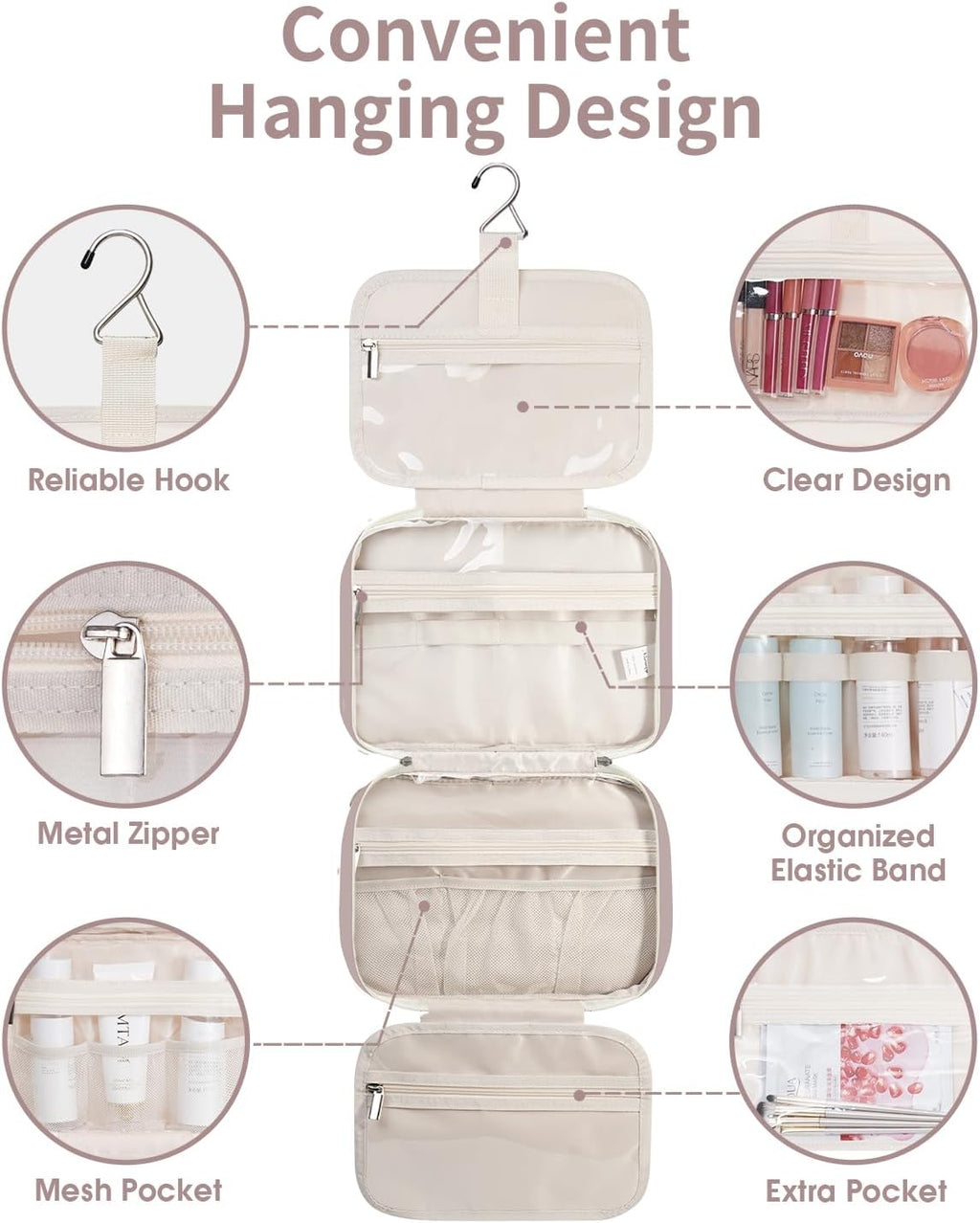 Narwey Hanging Toiletry Bag for Women Travel Makeup Bag Organizer Toiletries Bag for Travel Size Essentials Accessories Cosmetics (Dusty Rose (Medium))