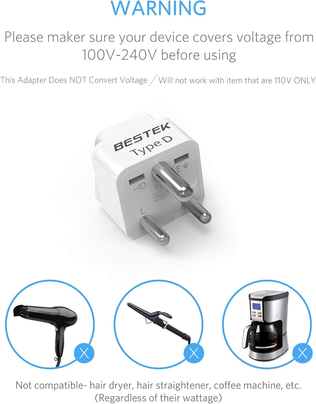 BESTEK India, South Africa Travel Plug Adapter, Grounded Universal Type D Plug Adapter India to US Adapter - Ultra Compact for India, Sudan, Pakistan and More, 3 Pack