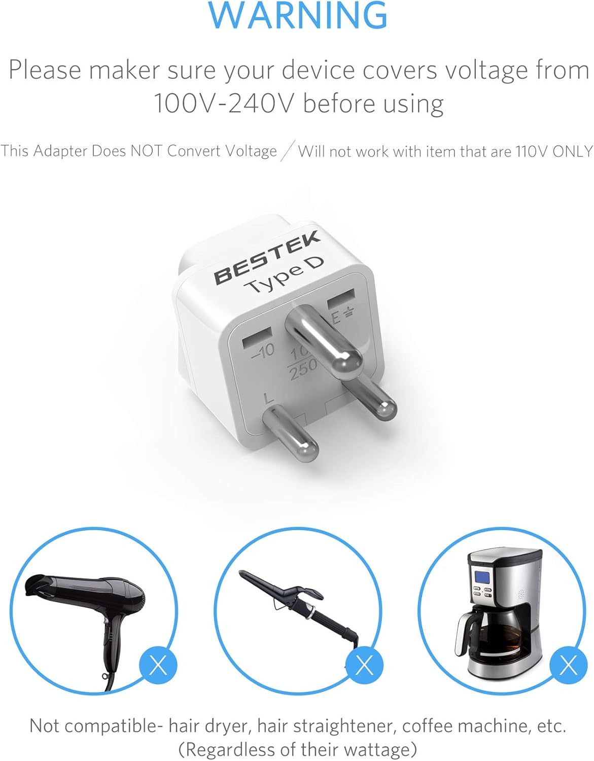 BESTEK India, South Africa Travel Plug Adapter, Grounded Universal Type D Plug Adapter India to US Adapter - Ultra Compact for India, Sudan, Pakistan and More, 3 Pack