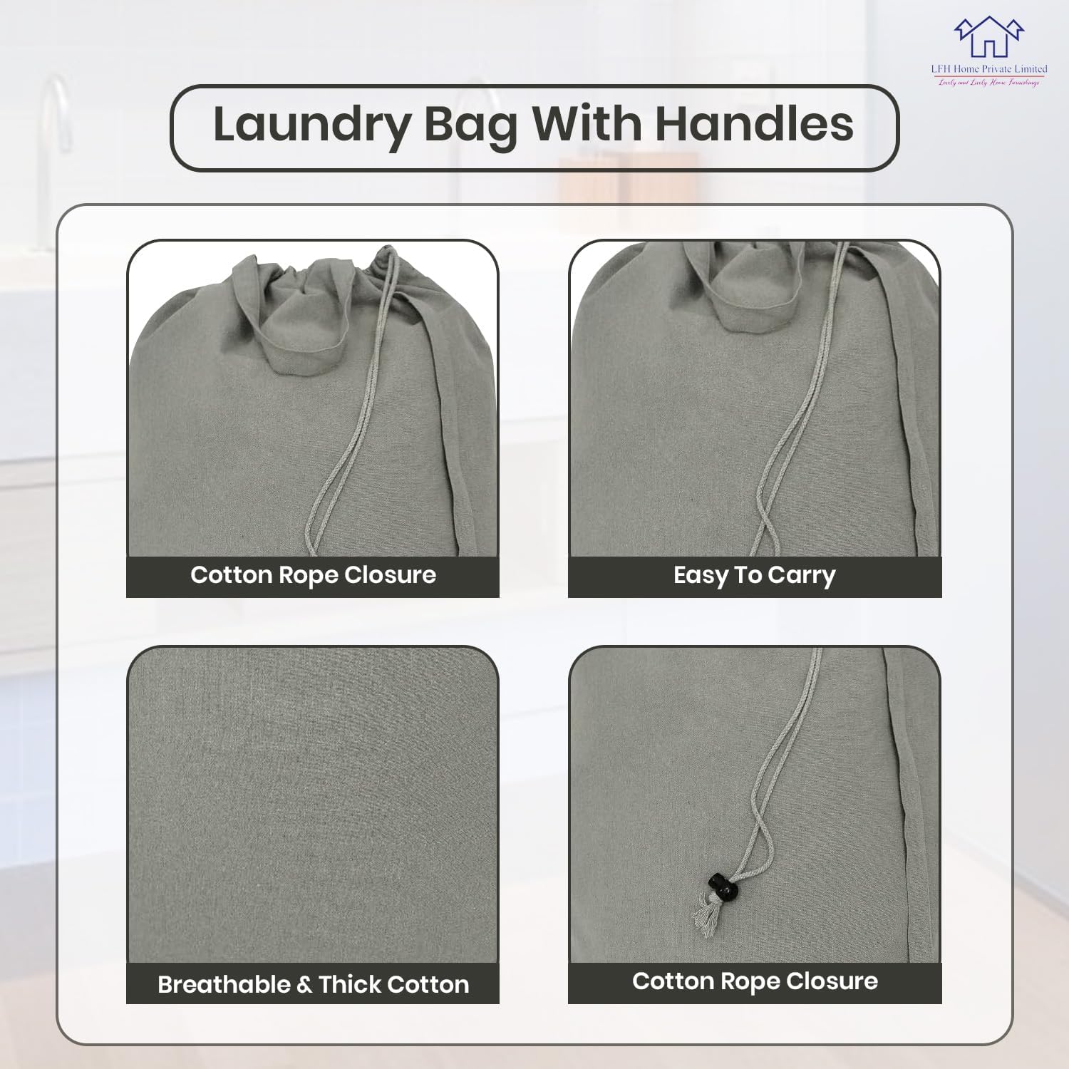 LFH Home Cotton Canvas Large Laundry Bag with Handle, Heavy Duty Drawstring Closure Washable Laundry Bags, School Travel, Home, Hotel, College Dorm, Organizer Sack, Toys Clothes 28x40 (Pack of 2)-Grey