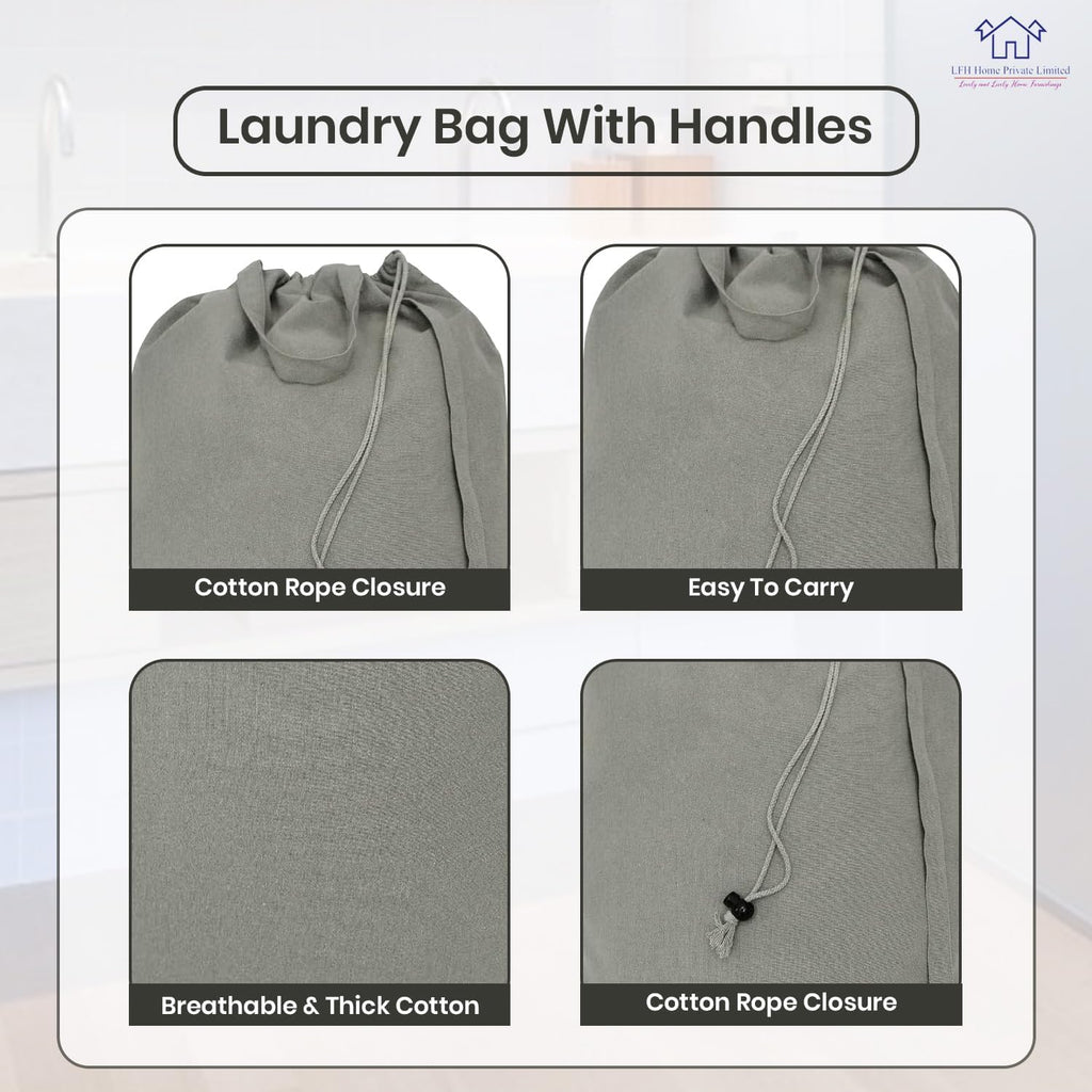 LFH Home Cotton Canvas Large Laundry Bag with Handle, Heavy Duty Drawstring Closure Washable Laundry Bags, School Travel, Home, Hotel, College Dorm, Organizer Sack, Toys Clothes 28x40 (Pack of 4)-Grey