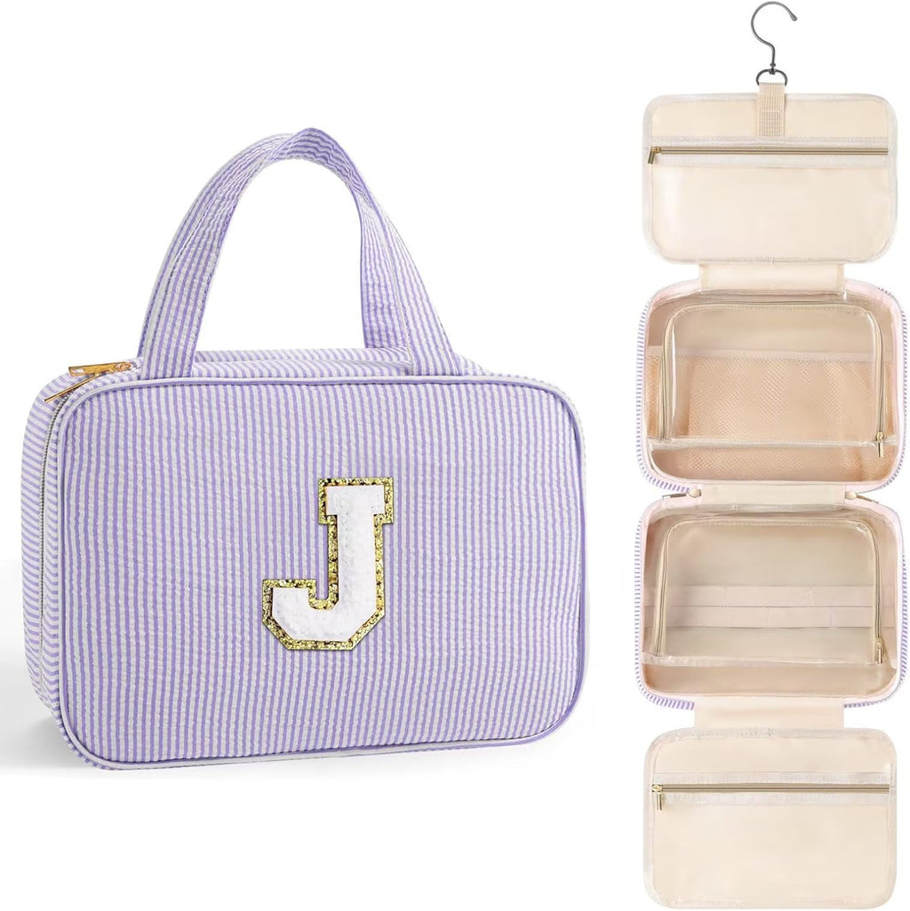 TOPEAST Travel Toiletry Bag Makeup Bag - Hanging Toiletry Bag for Women, Portable Toiletries Travel Bag and Cosmetic Bag, Airplane Travel Essentials Travel Toiletry Bag - Letter J, Purple