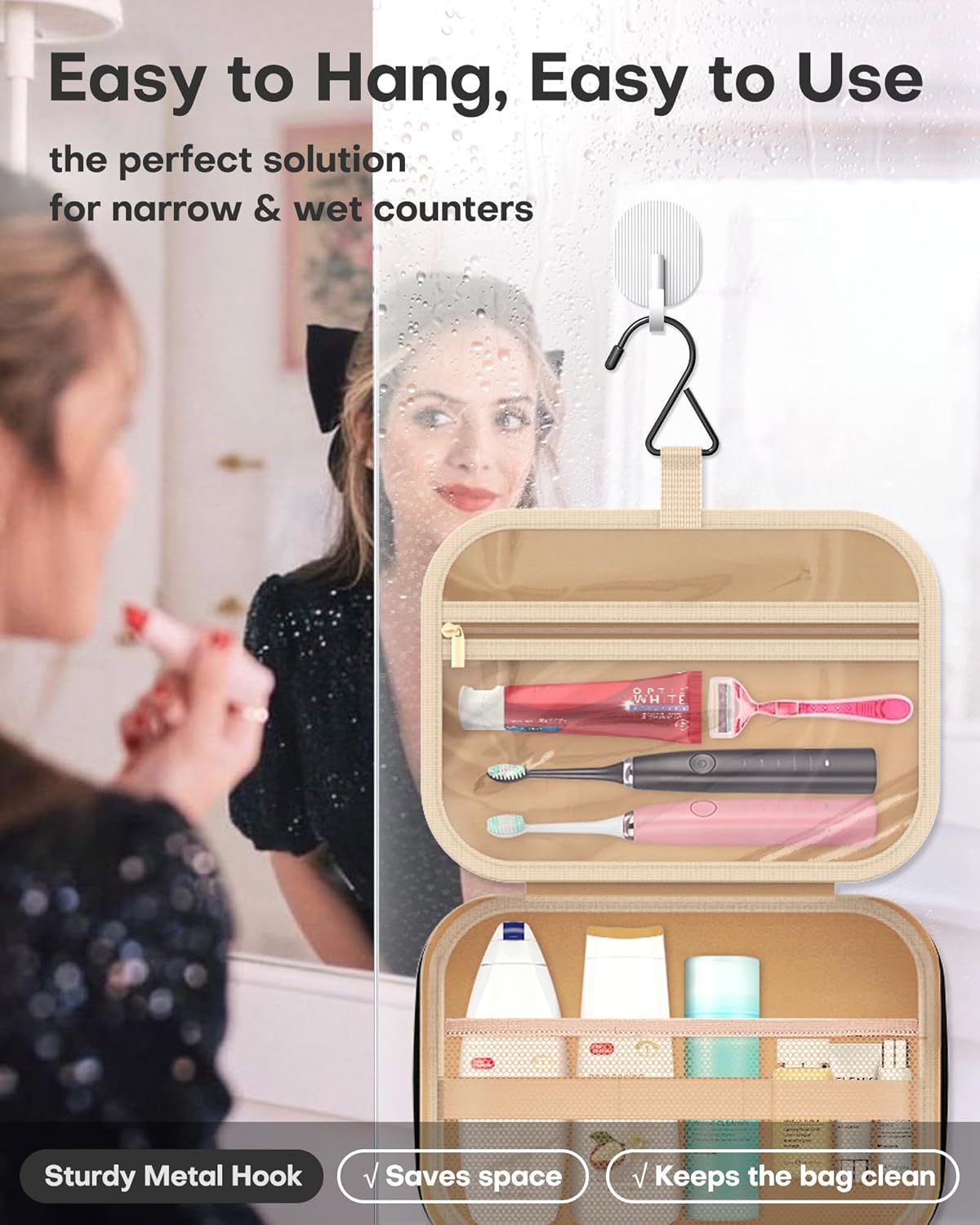 HOTOR Travel Toiletry Bag for Women & Men, Waterproof Makeup Bag with Hanging Hook and Multiple Pockets, Cosmetic Bags for Women, Travel Essentials, 12.6'' x 4.3'' x 9.9'', Aegean-Blue