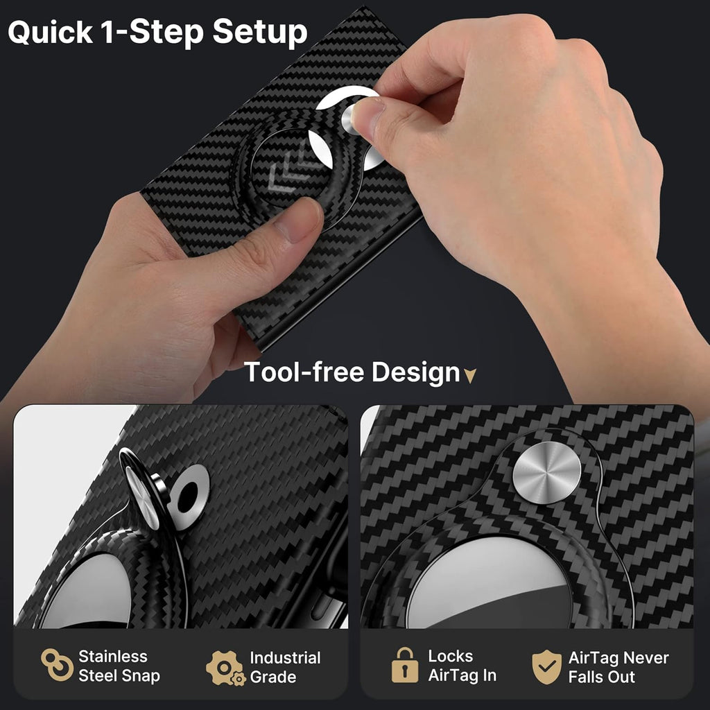 Mens Smart Wallet Card Holder for AirTag: Leather, Compatible with Apple Air Tag, RFID Blocking, Slim, Carbon Fiber, Minimalist - 9-14 Card Capacity | ID Window | Cash Slot (Black)