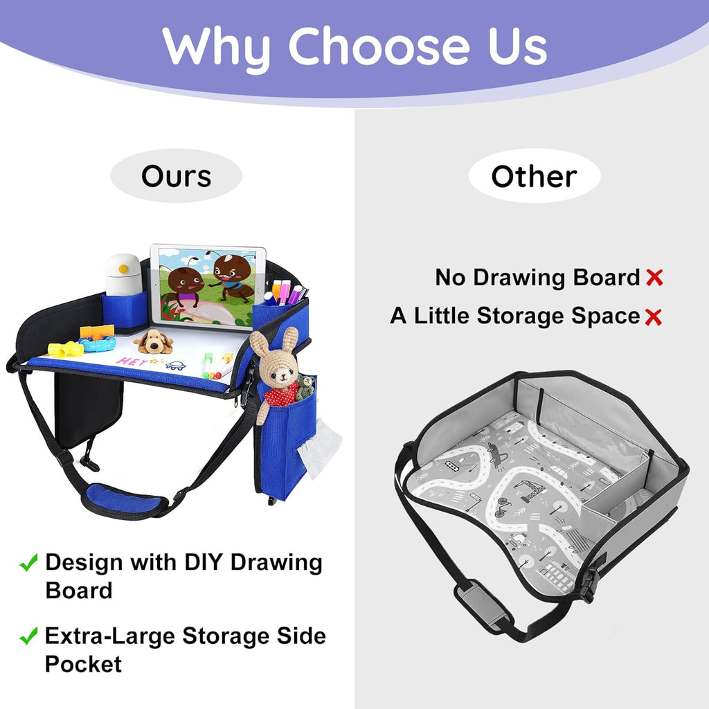 Kids Travel Tray, Kids Travel Trays for Car Seat, Road Trip Essentials for Toddler, Carseat Lap Tray with Dry Erase Board & Storage Organizer for Road Trip Activities for Kid, Blue