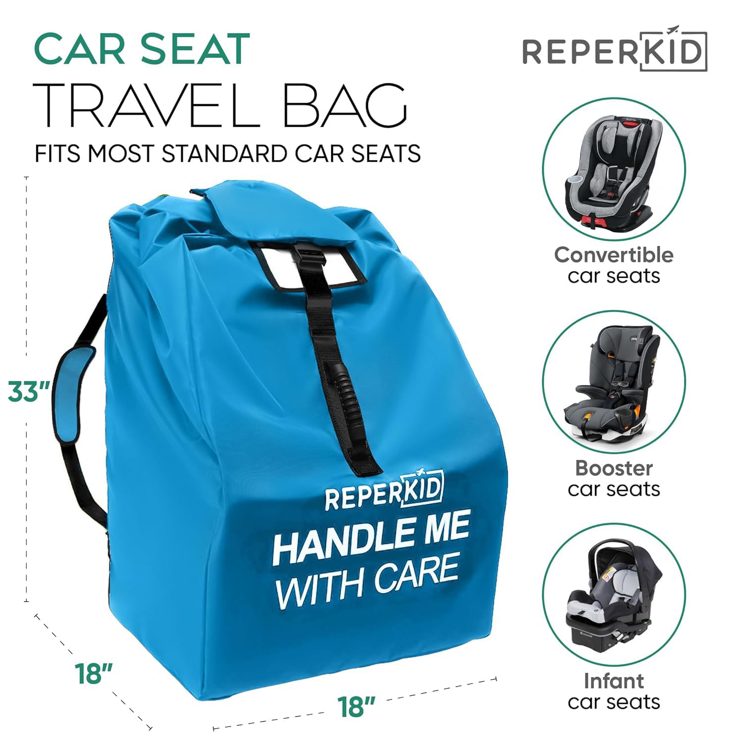 reperkid Car Seat Travel Bag for Airplane, Black and Green, 33" H x 18" W x 18" D, Fits Most Convertible, Booster and Infant Car Seats – Premium Waterproof Cover, Adjustable Shoulder Strap