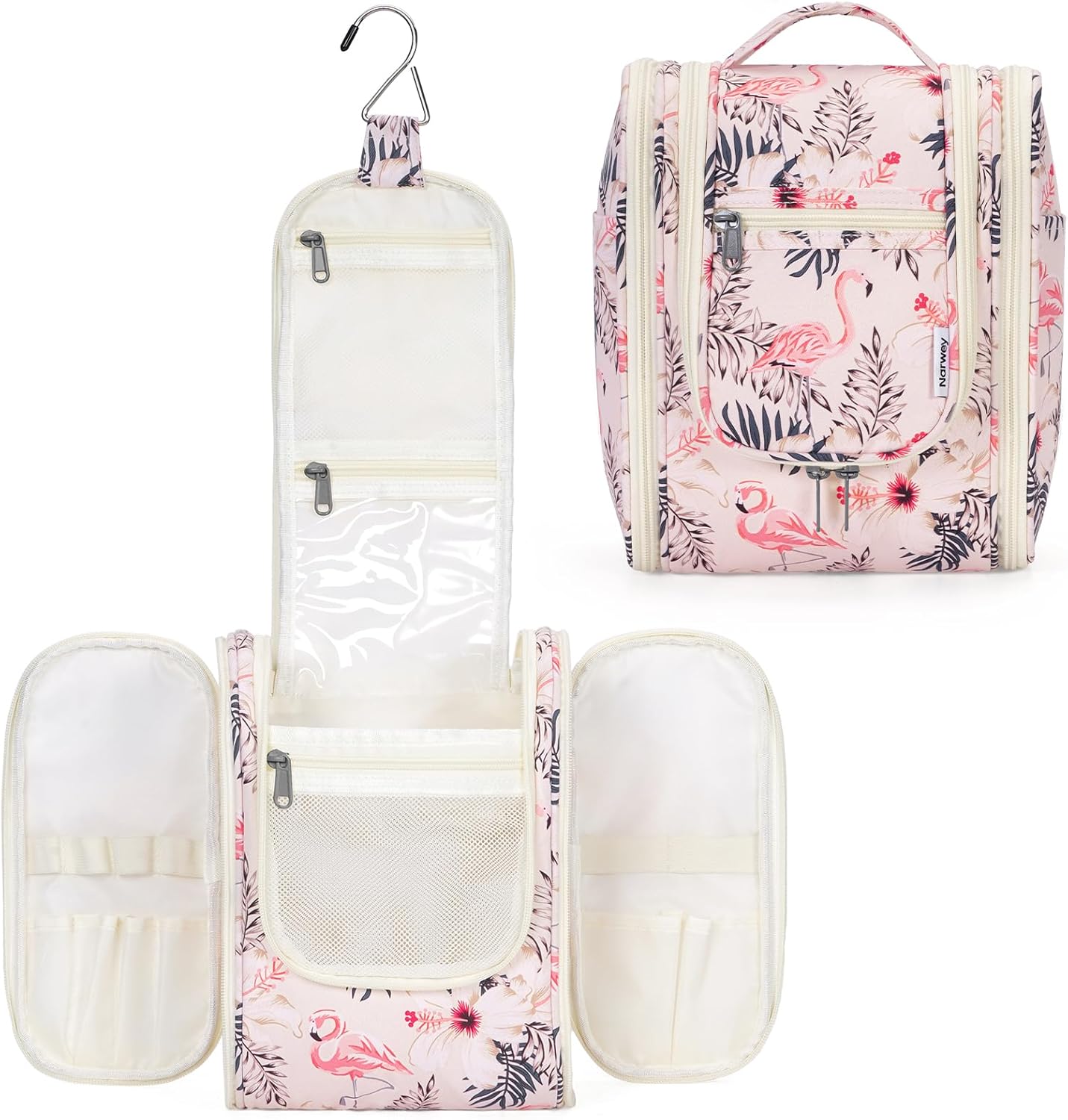 Narwey Small Hanging Toiletry Bag Women Travel Makeup Bag Organizer Toiletries Bag for Travel Size Essentials Accessories Cosmetics(Medium, Beige Bird)