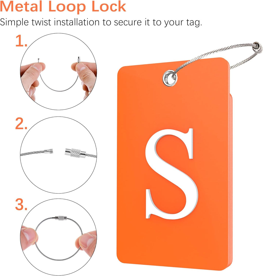 Gostwo 2 Pack Luggage Tags for Suitcases, 26 Initial Letter Travel Luggage Baggage Identification Labels ID Tag Fully Bendable Tags with Stainless Steel Loop (Orange) (Letter S)