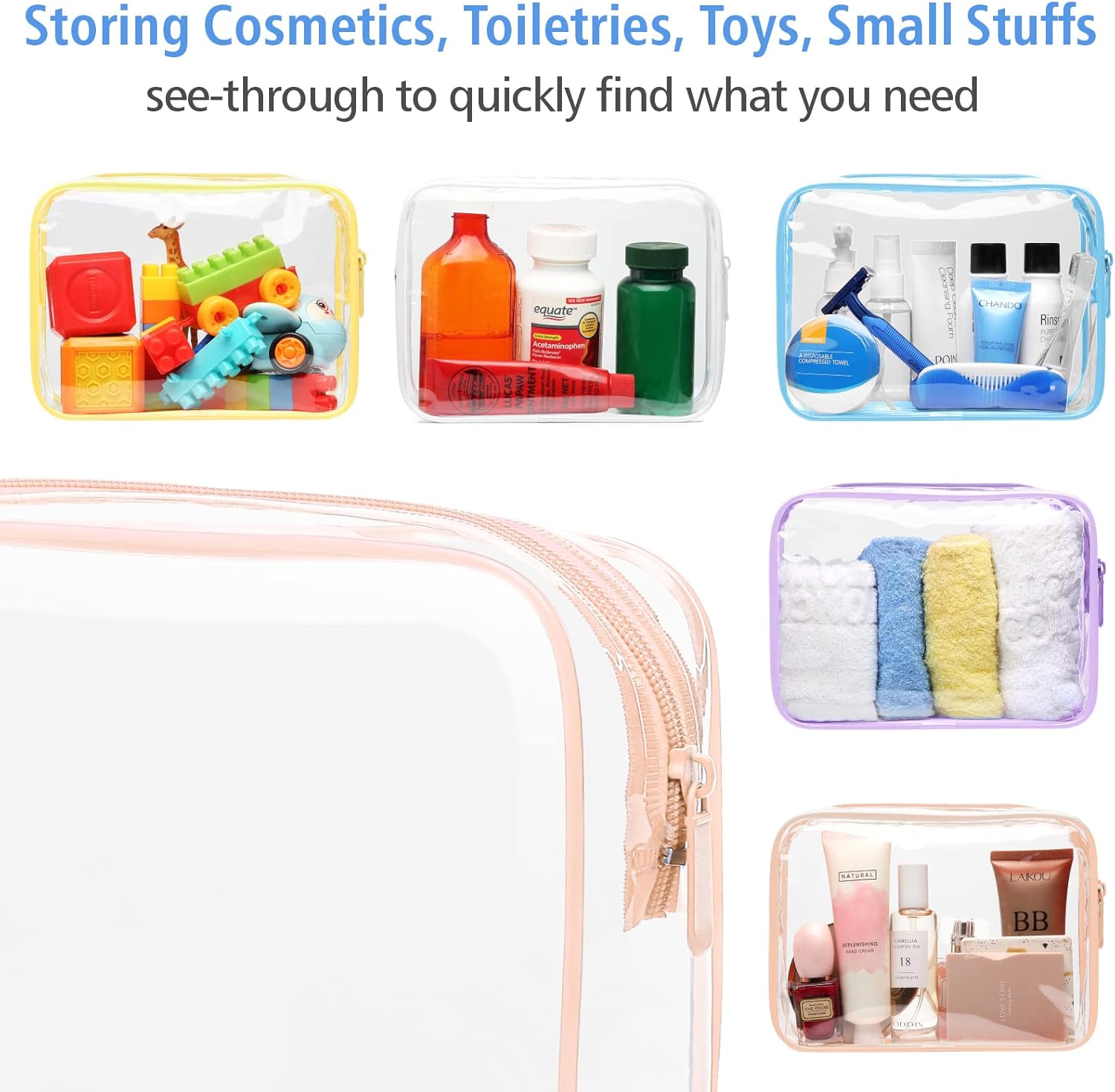 PACKISM Clear Toiletry Bag, 5 Pack TSA Approved Toiletry Bag Quart Size Bag, Travel Makeup Cosmetic Bag for Women Men, Carry on Airport Airline Compliant Bag, White, Yellow, Blue, Purple, Pink…