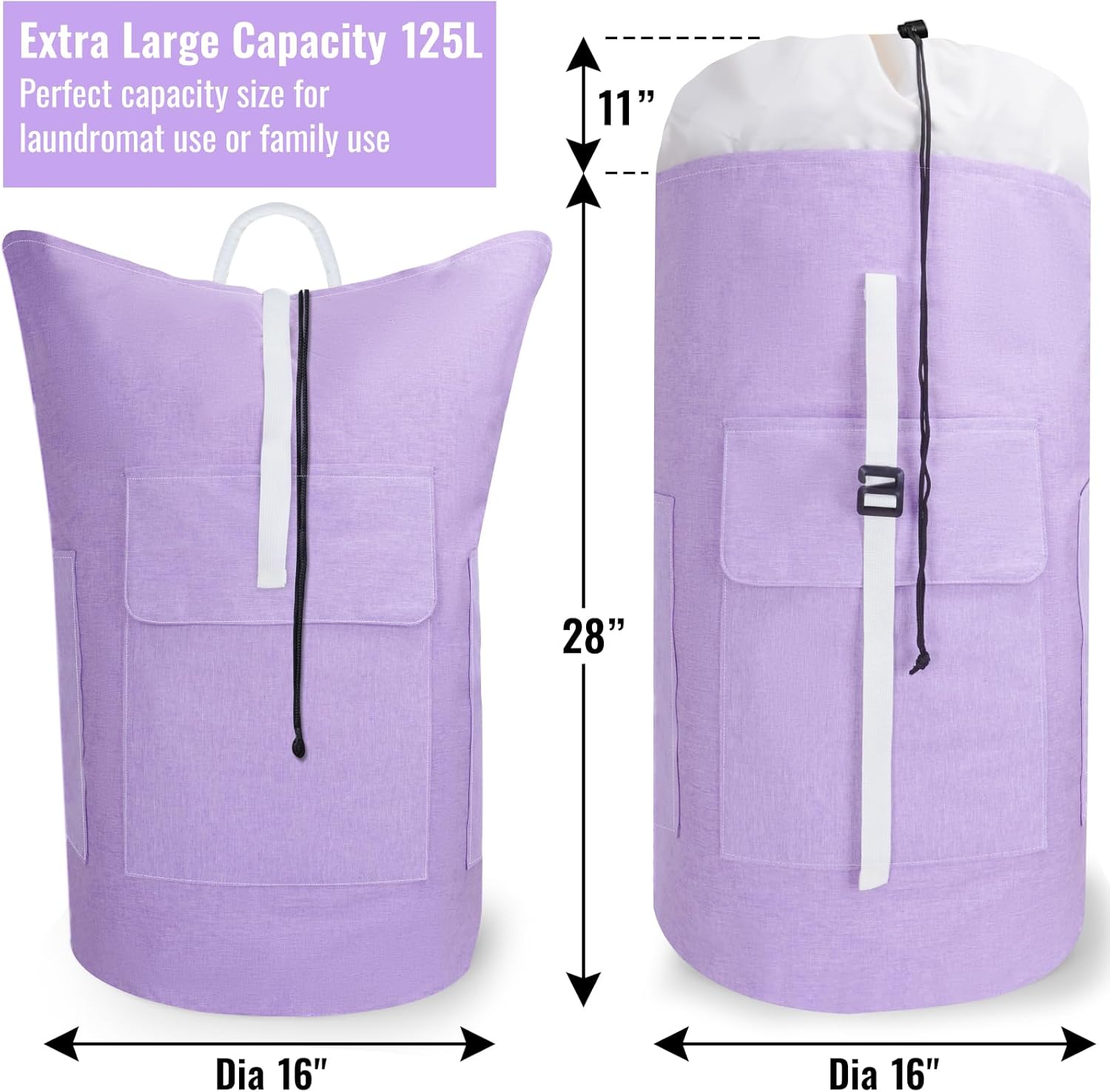 Laundry Bag Backpack, 125L Extra Large Travel with Shoulder Straps, Adjustable & Extendable Design, Laundry Hamper Bag with 3 Pockets for Laundromat, College, Travel, Camping (Purple)