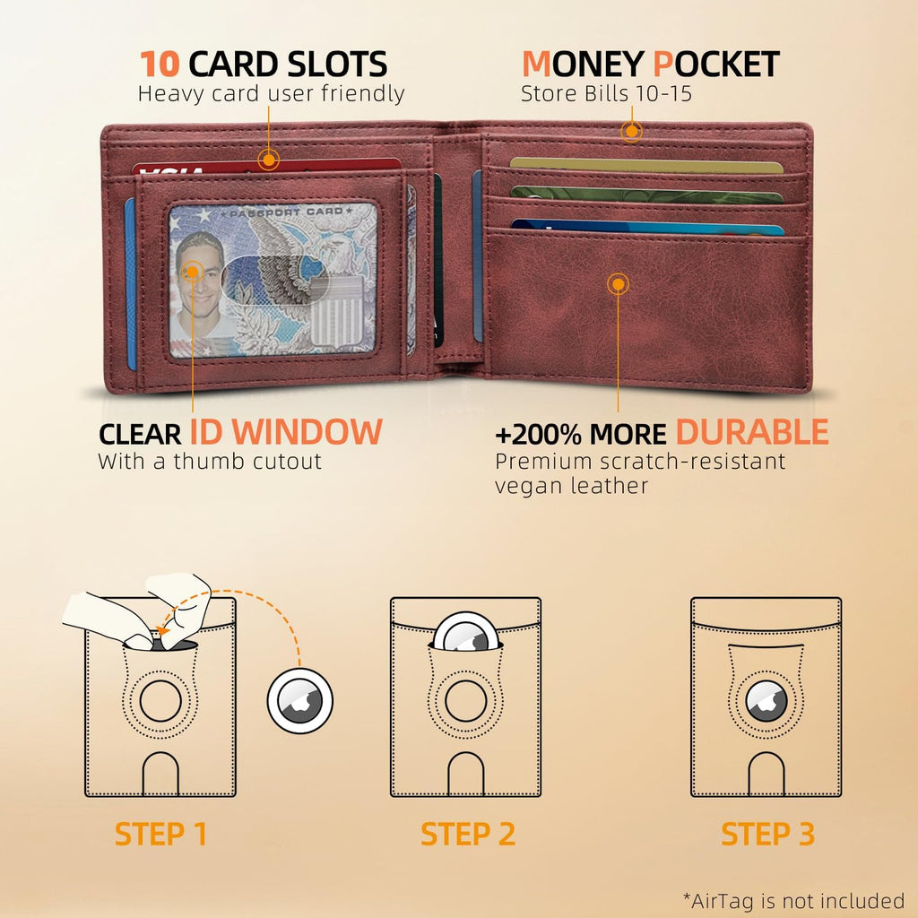 RUNBOX AirTag-Wallet-Mens-Slim-RFID Blocking Wallets Leather with Bill Compartment Air Tag Bifold Card Holder Wallet Gifts for Men Dad