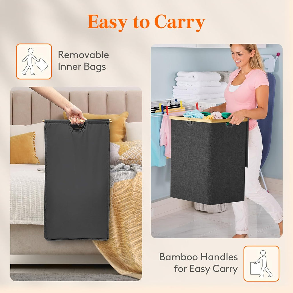 Lifewit 120L Double Laundry Hamper with Lid, Extra Large Bamboo Laundry Basket Dirty Clothes Hamper, 2 Section Laundry Bin Organizer for Laundry Room Bedroom with 2 Removable Liners & Bags, Dark Gray