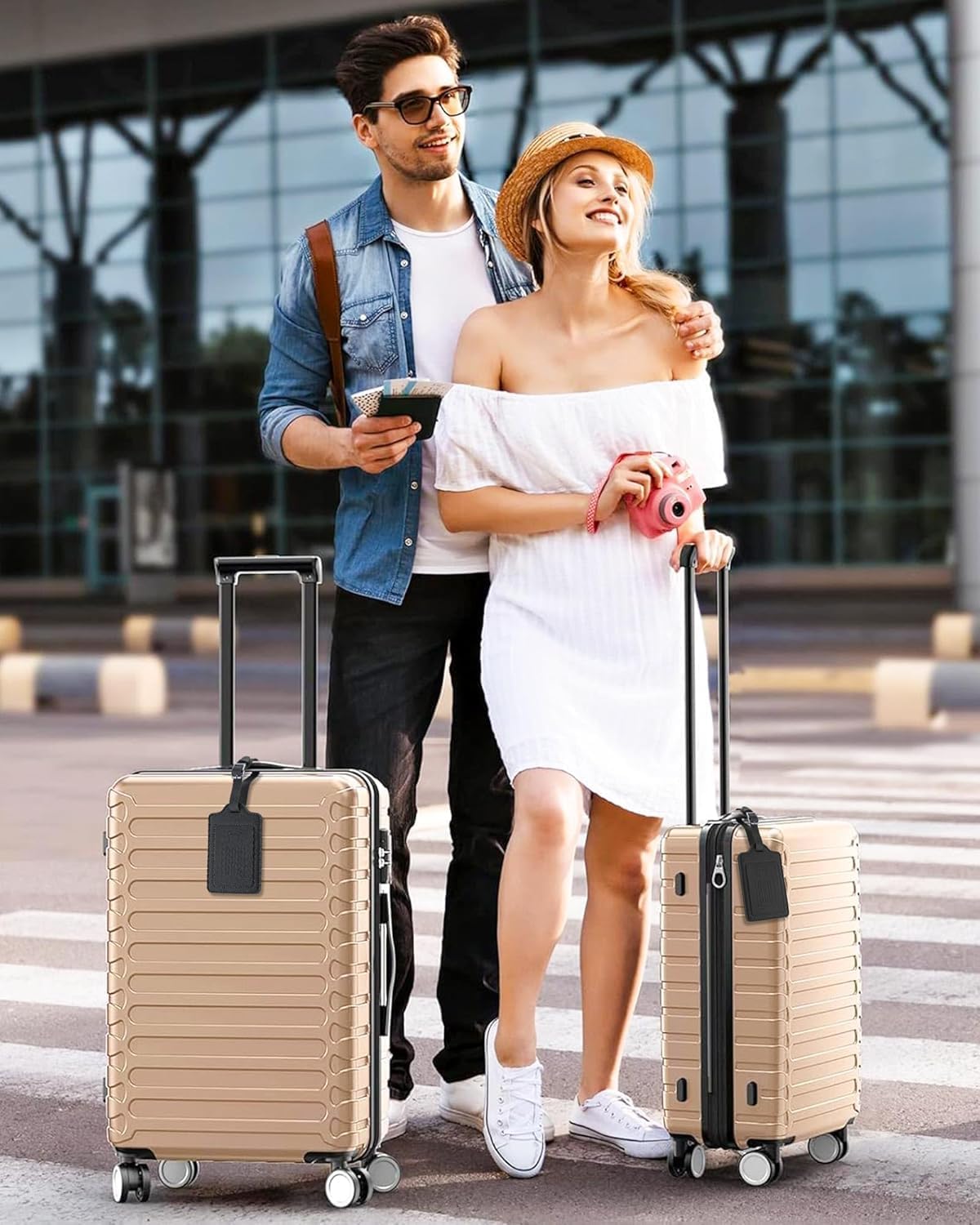 Teskyer Luggage Tags for Suitcases, TSA Approved with Privacy Protection Cover, Premium Faux Leather Bag Tags for Travel - 4 Pack, Black