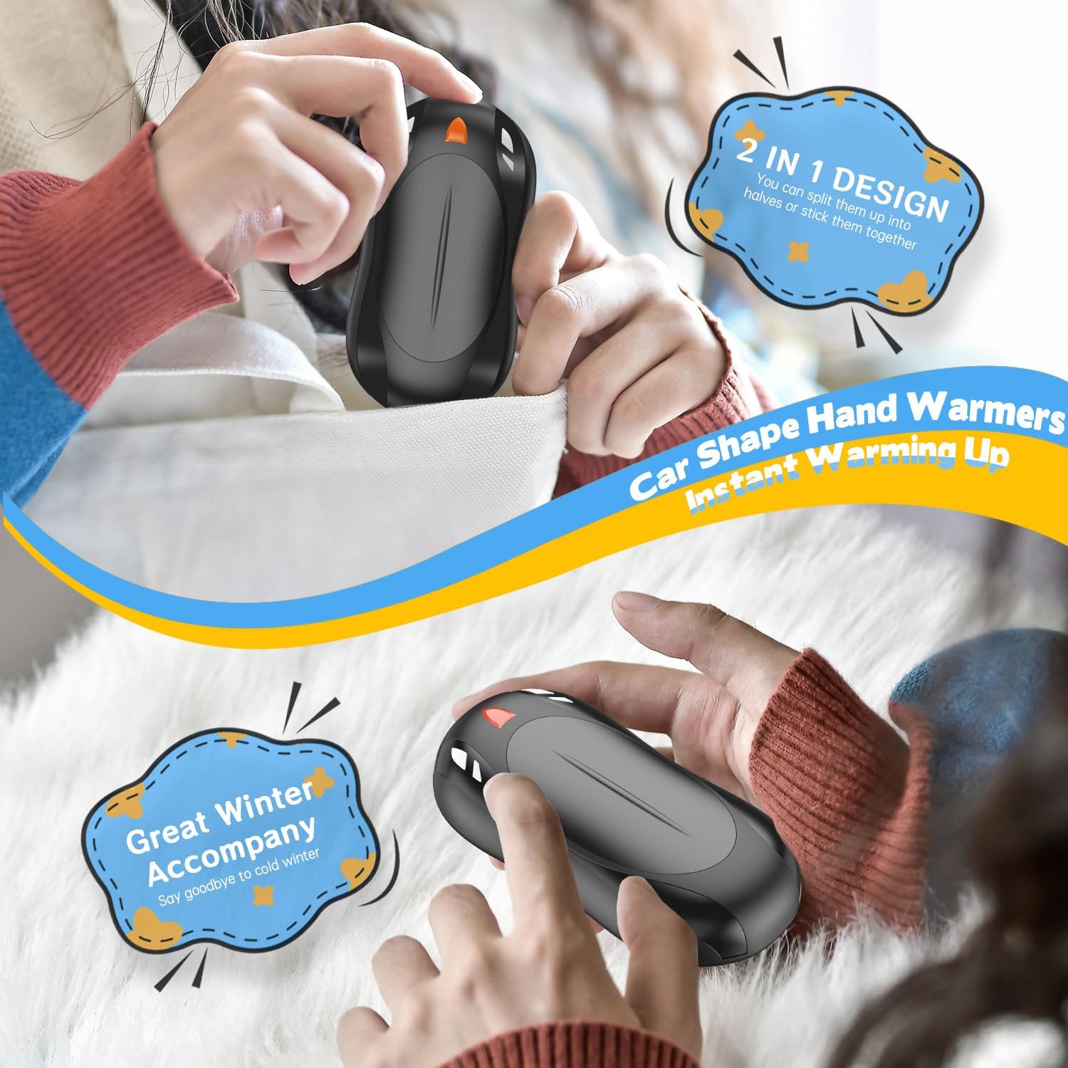 2 Pack Hand Warmers Rechargeable, 6000mAh AI Smart Chips Hand Warmers, Long Lasting Portable Heater for Christmas Xmas, Golf, Hunting Gear, Camping Accessories