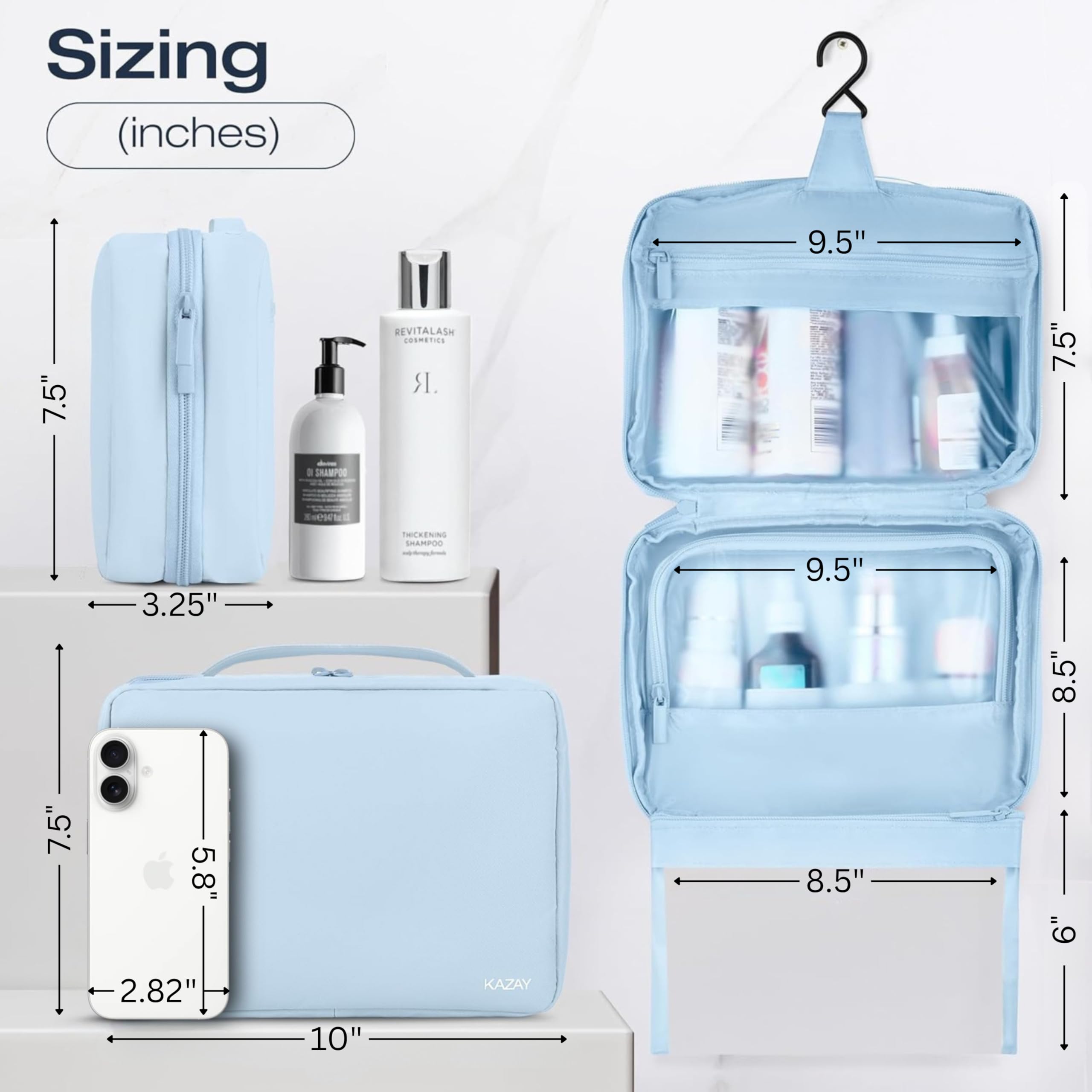 KAZAY Hanging Toiletry Bag with TSA Approved Detachable Pouch, Travel Toiletry Bag, Water Resistant, Premium Nylon, Travel Size Toiletries, Cosmetic Bag, Unisex (Light Blue)