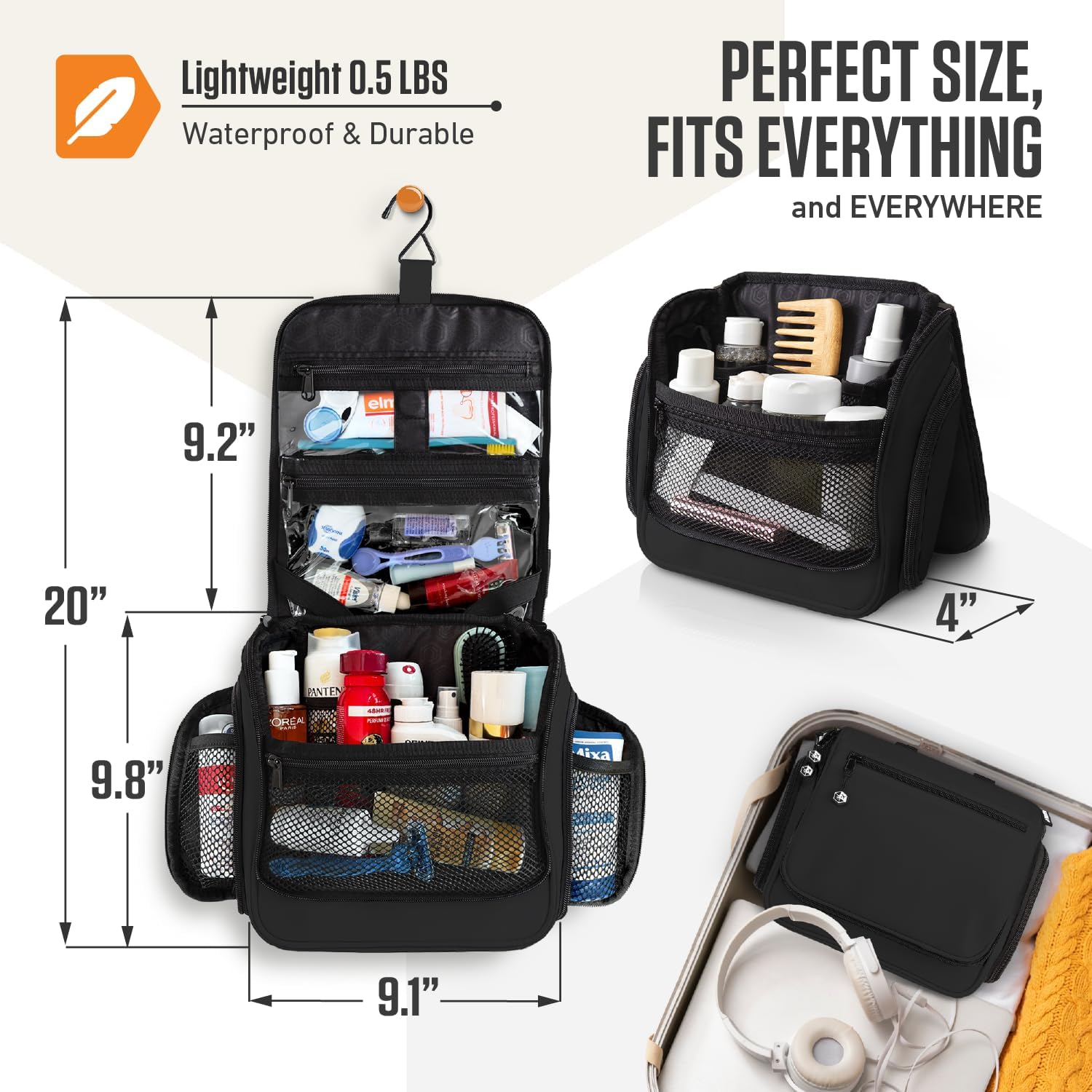 VENTURE 4TH Hanging Travel Toiletry Bag for Women & Men - Travel Organizer with Expandable Compartments & Removable Clear Pouch for Toiletries (Black)