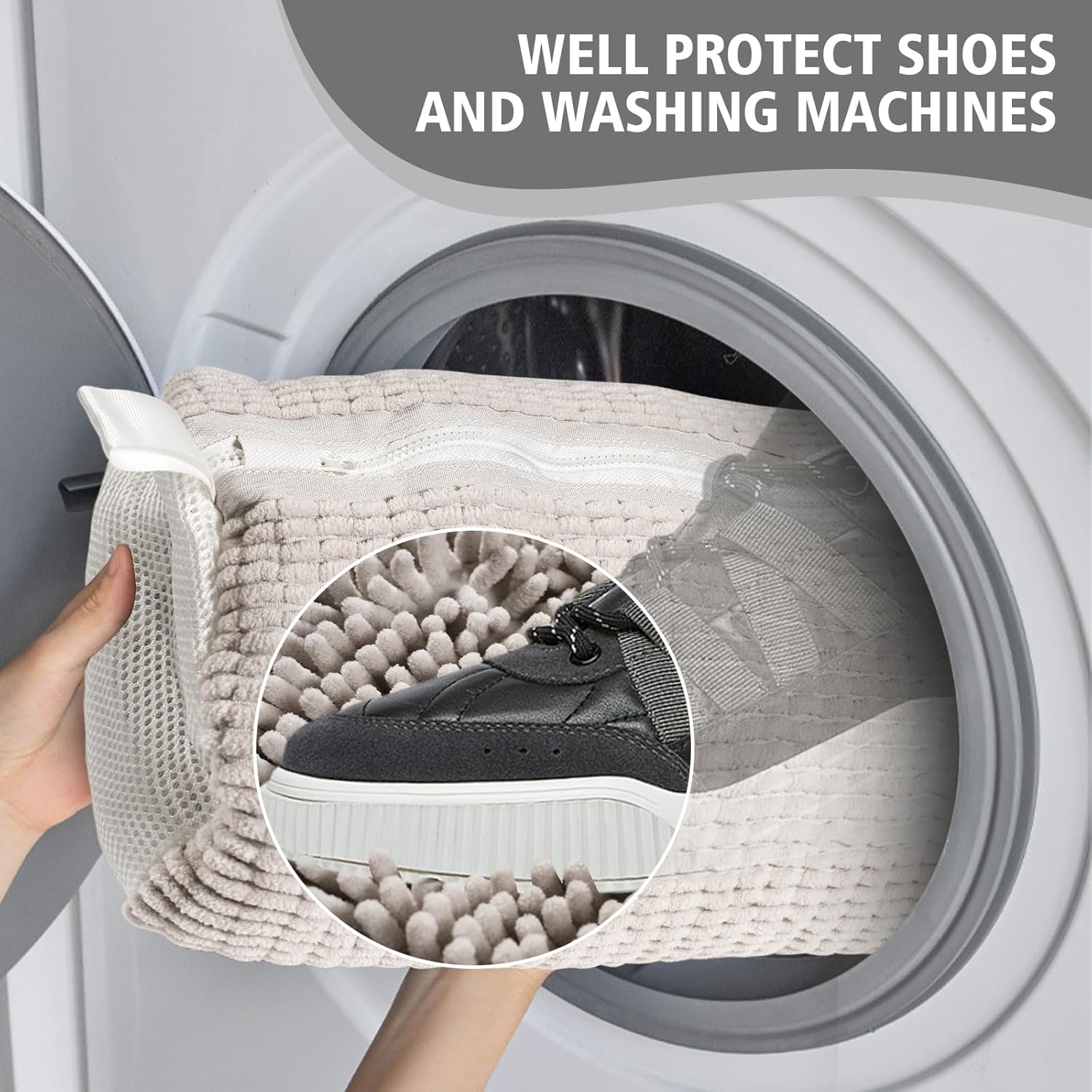 HEAVYWOOD Shoes Bag for Washing Machine Reusable Shoe Cleaning Washing Machine Bag Sturdy Anti-Rust Zipper 15.7’’*7.8’’ Shoe Laundry Bag for Washer and Dryer for Sneakers, Trainers (Beige, 2Packs)