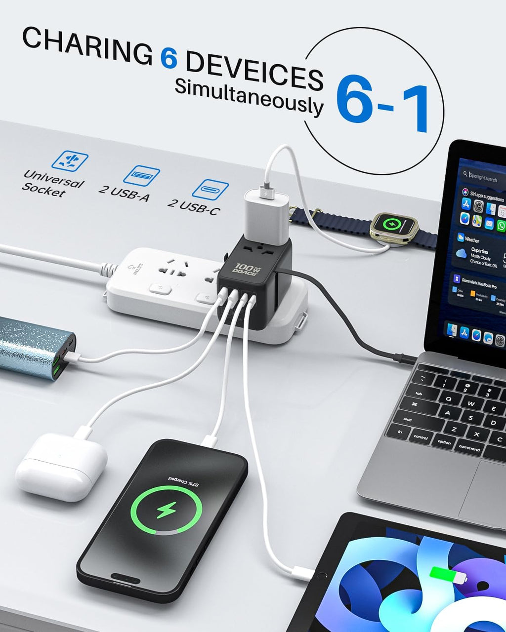 DOACE Universal Travel Adapter, 100W GaN 3.0 European Travel Plug Adapter with Built-in USB-C Cable, 6 in 1 International Power Adapter with 5 USB Ports for EU/UK/USA/AUS(Black)