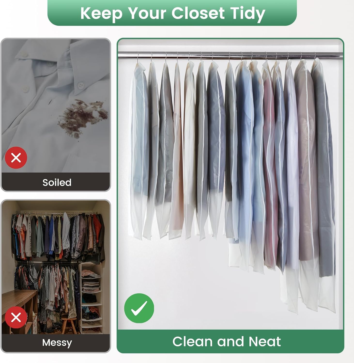 10 Pack Translucent Garment Bags for Hanging Clothes - Frosted Clothes Storage Bags for Suits, Shirts, Dresses, Closet Storage, Travel - 24" x 40"/47"/55"